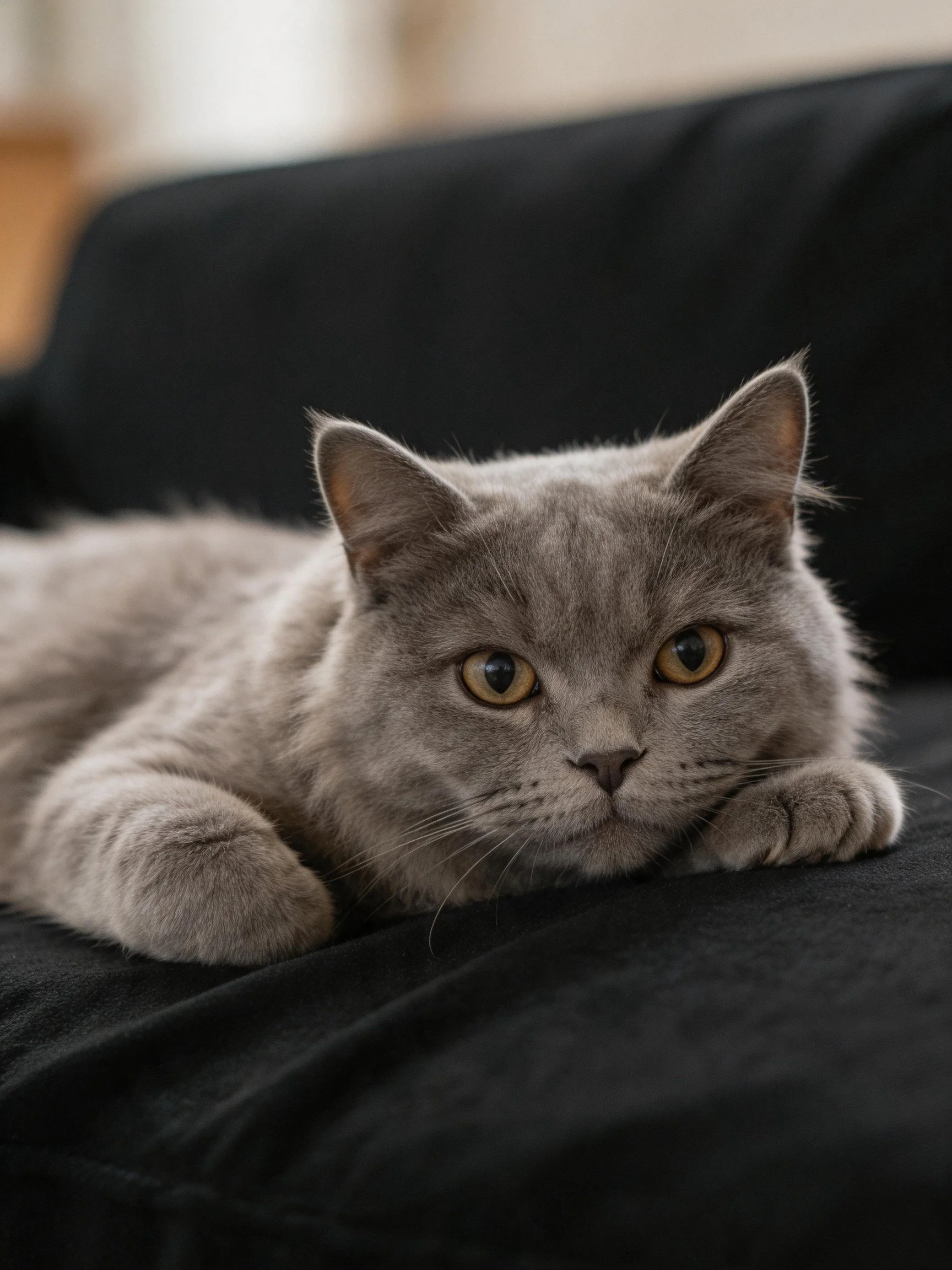 A gray cat lounges on a black couch with golden eyes