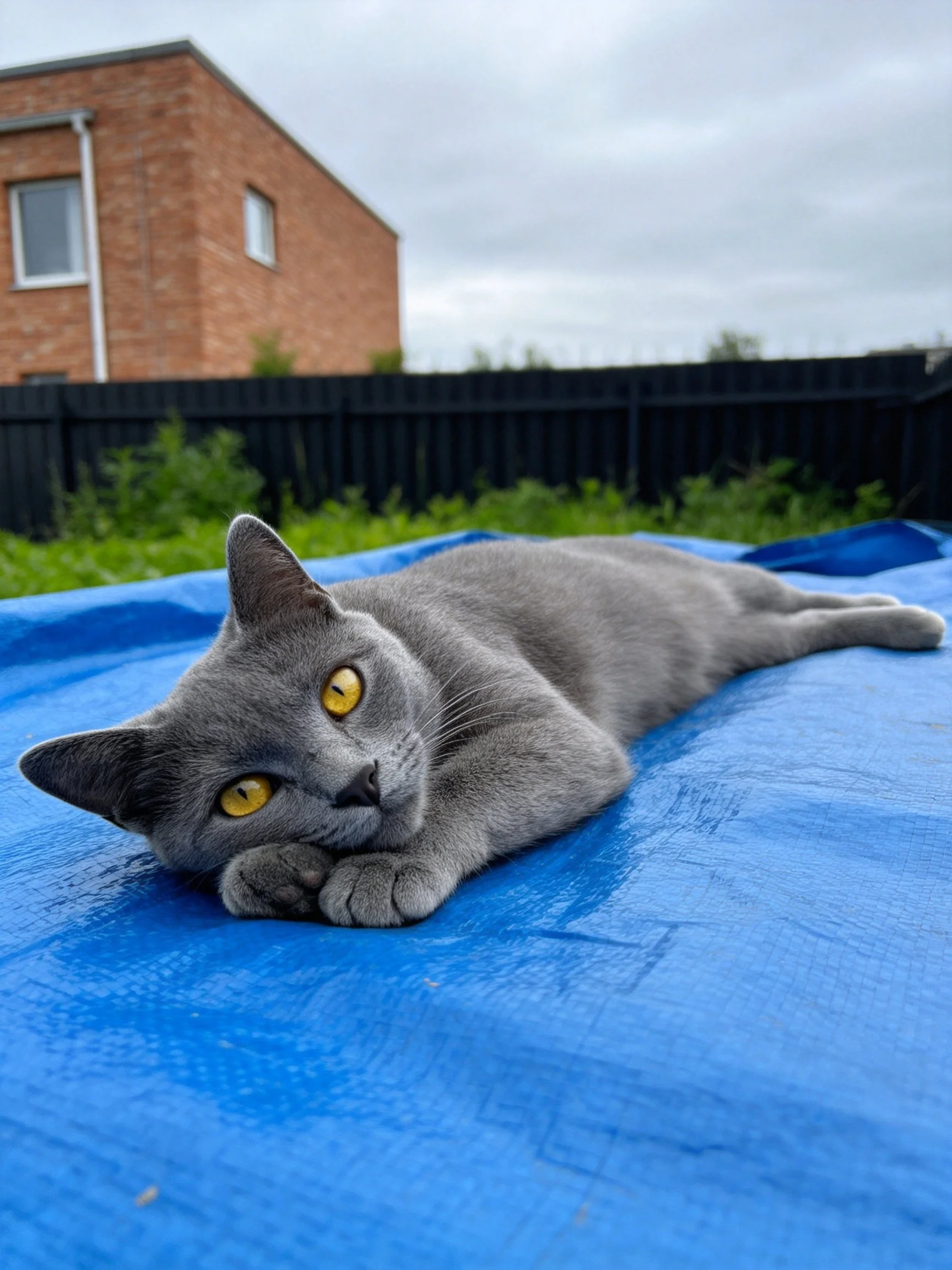 A gray cat relaxes on a blue tarp in an outdoor area with a brick building nearby.