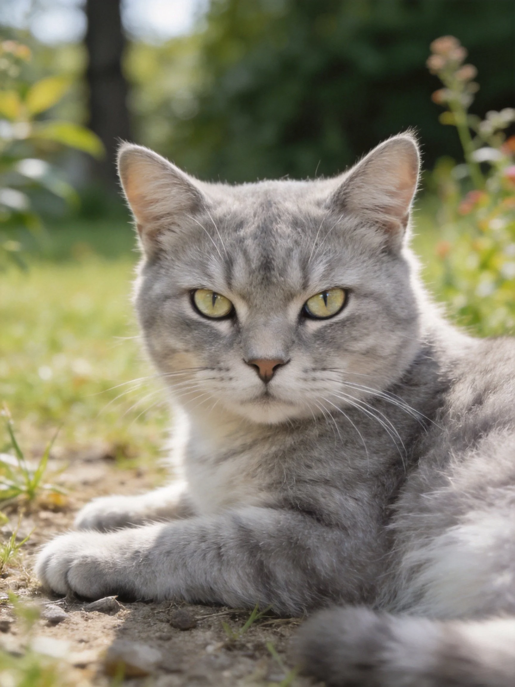 A gray cat sits calmly on a dirt path surrounded by greenery.