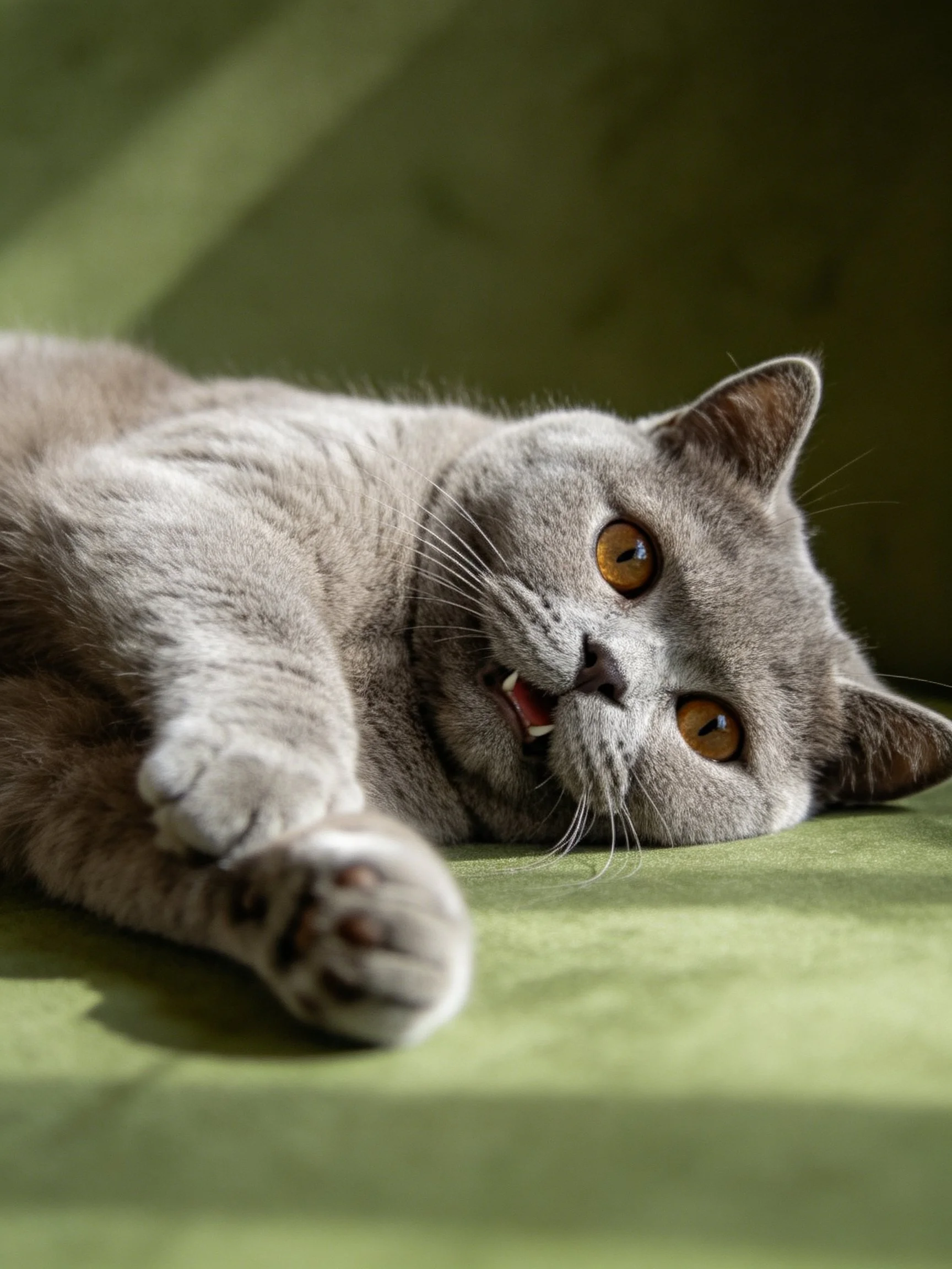 A gray cat lounges on a green fabric surface