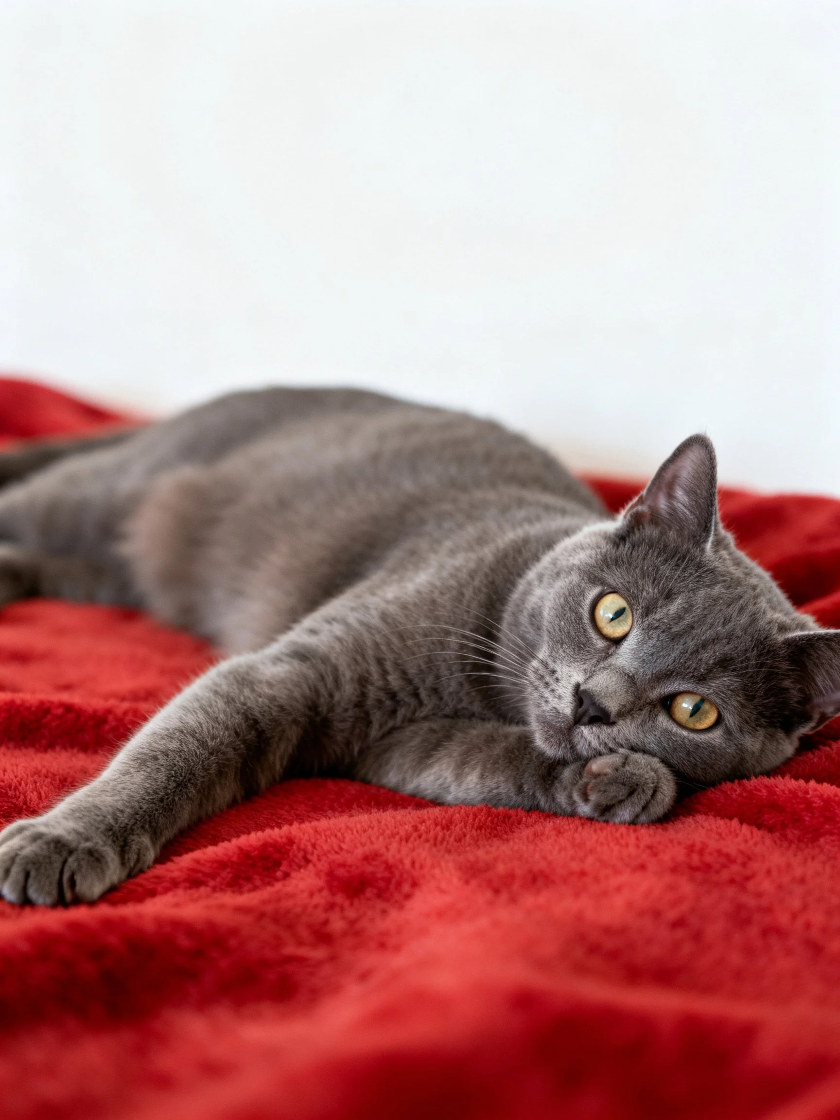 A gray cat lounges on a plush red blanket
