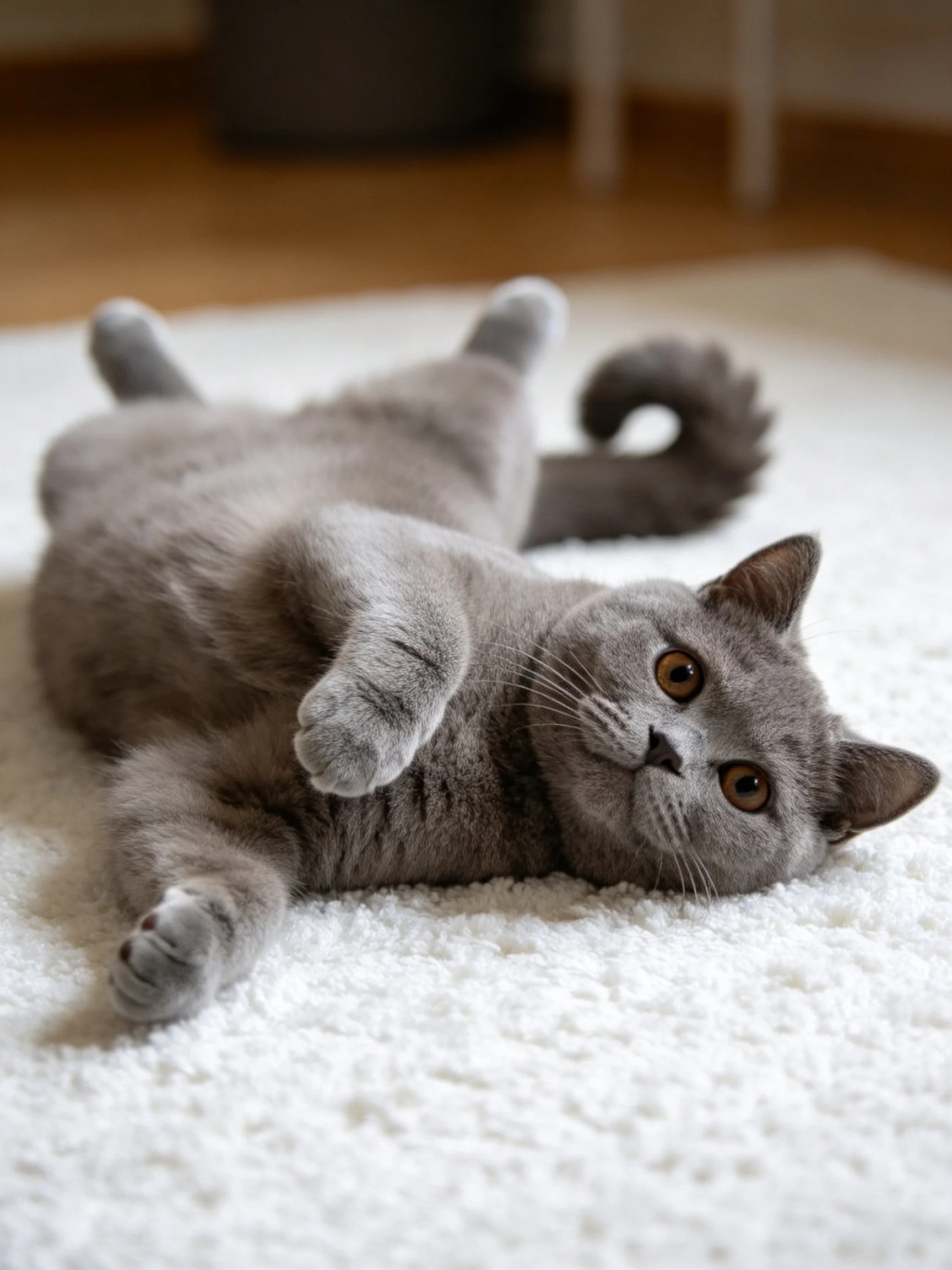 A gray cat relaxes on a white carpet indoors.