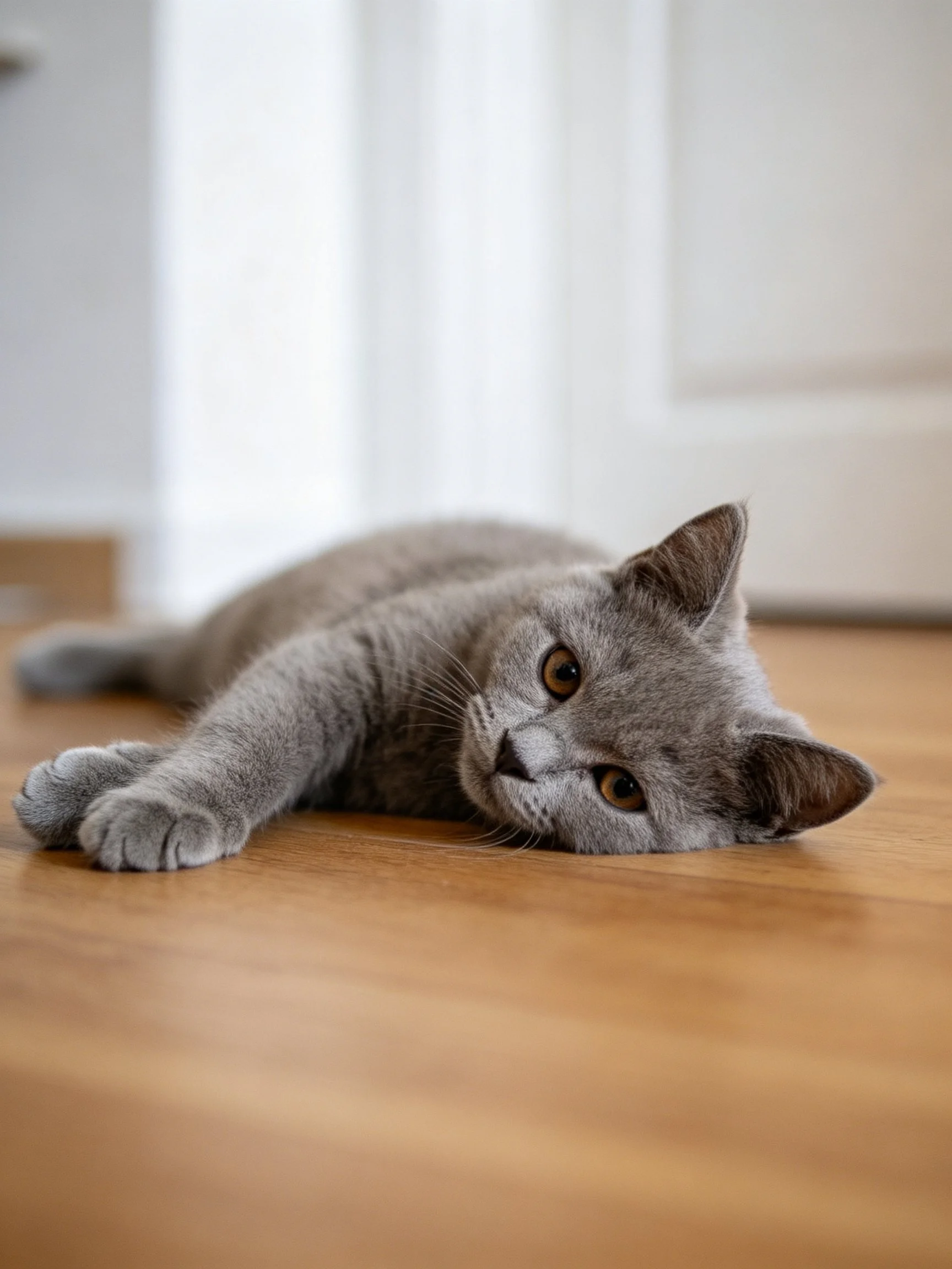 A gray cat lounges on a polished wooden floor