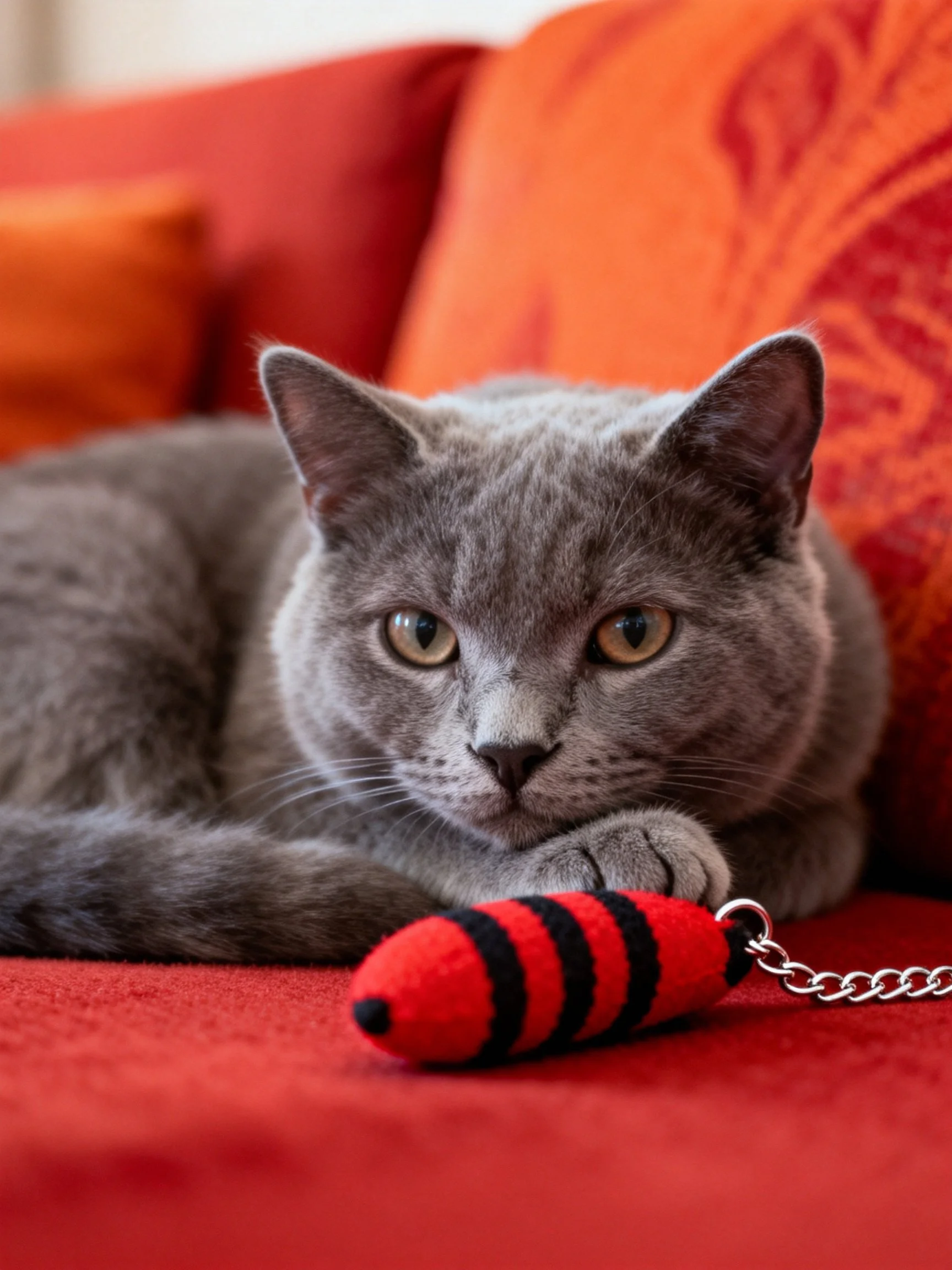A gray cat lounges on a red couch beside orange cushions with a striped toy