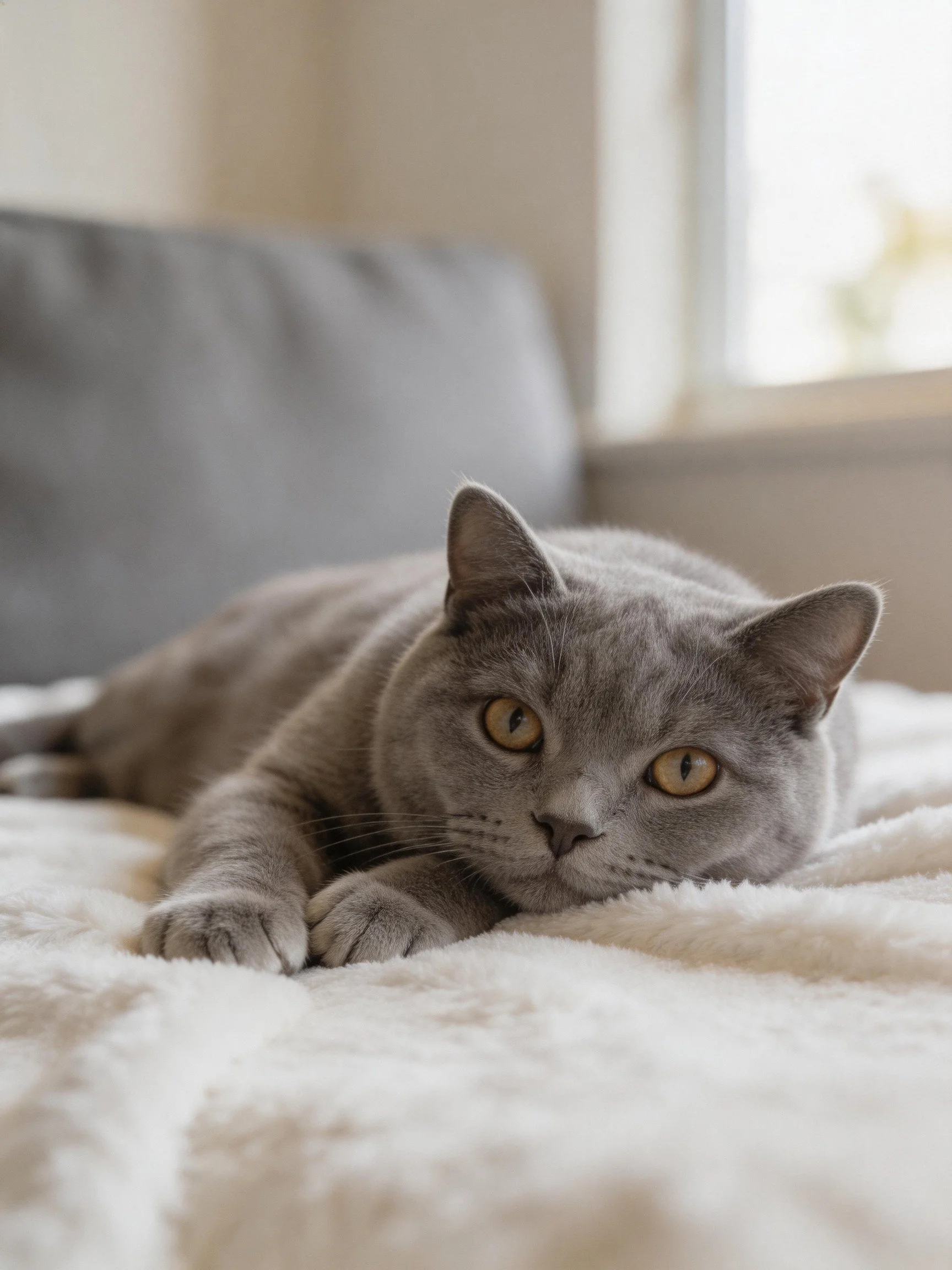 A gray cat relaxes on a soft blanket near a couch