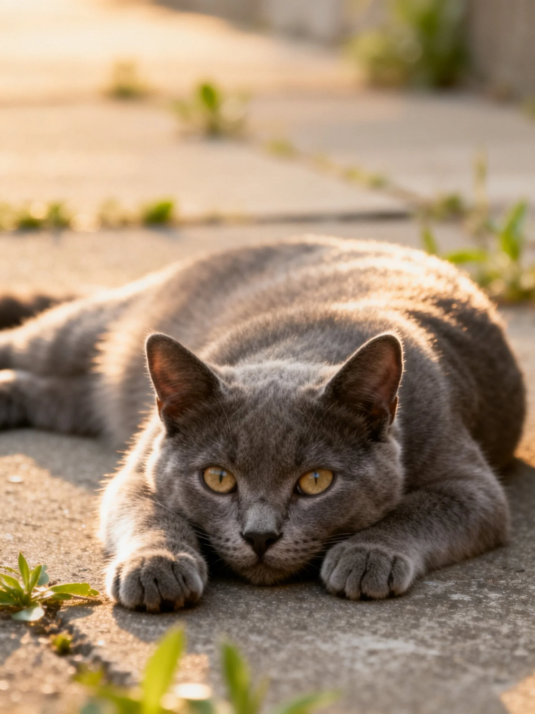 A gray cat lounges on a sunlit concrete area