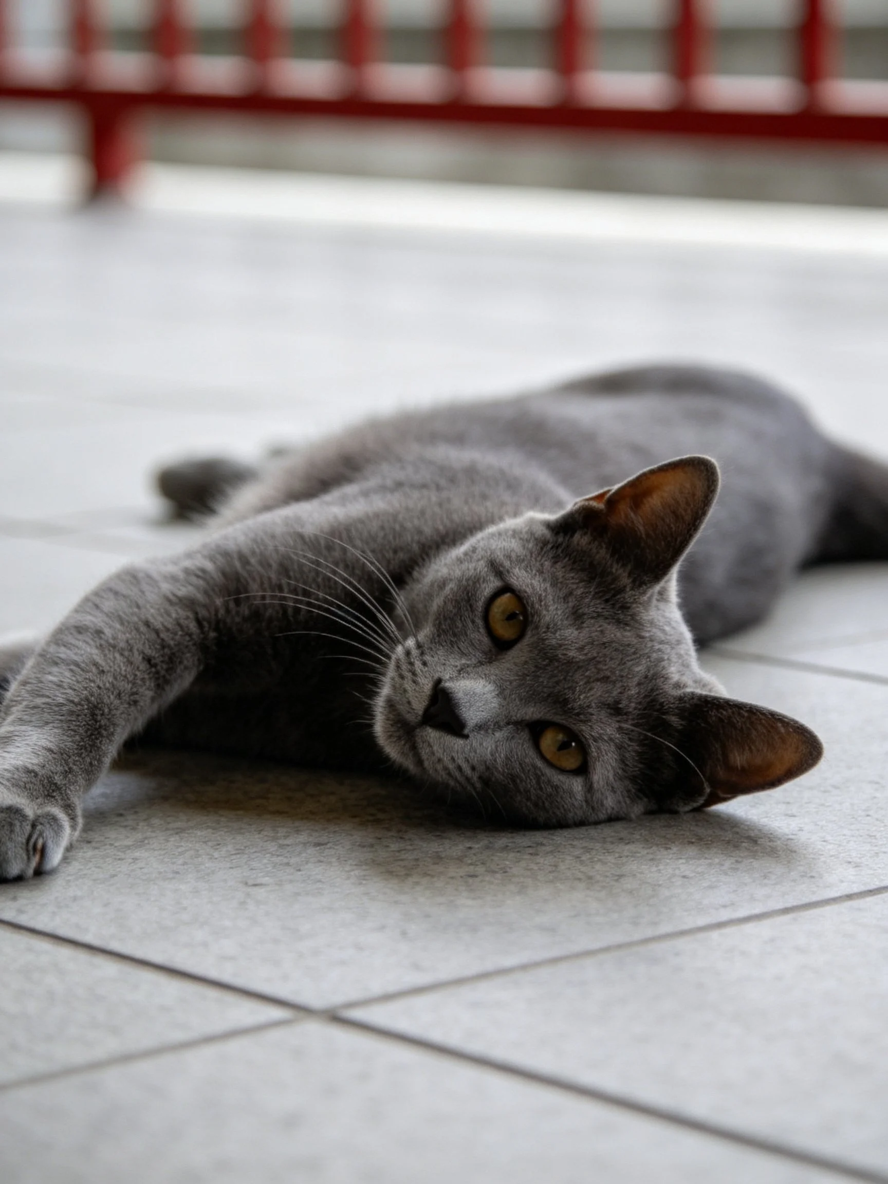 A gray cat lounges on a tiled floor near a red railing