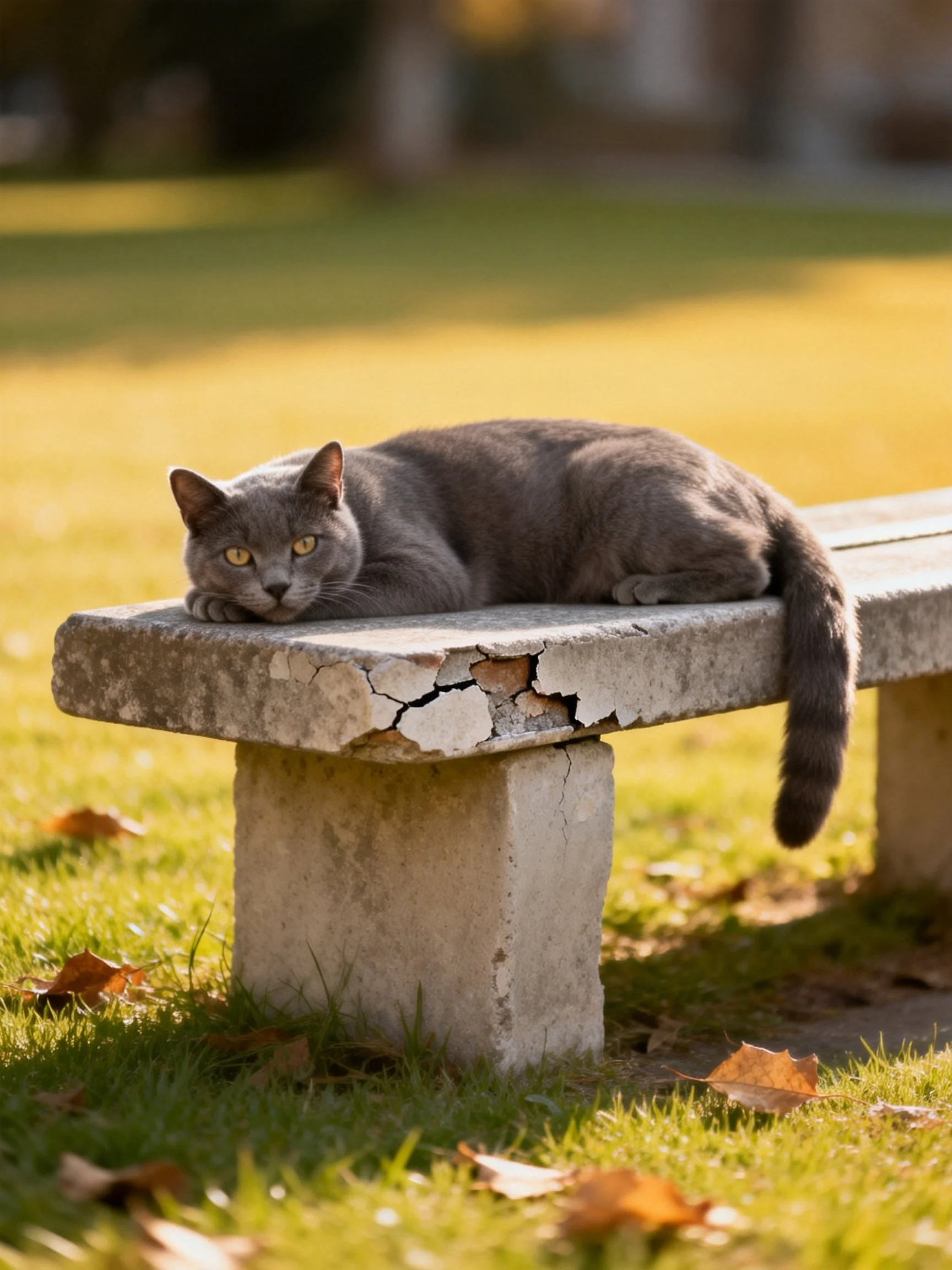 A gray cat lounges on an aged concrete bench in a sunlit park