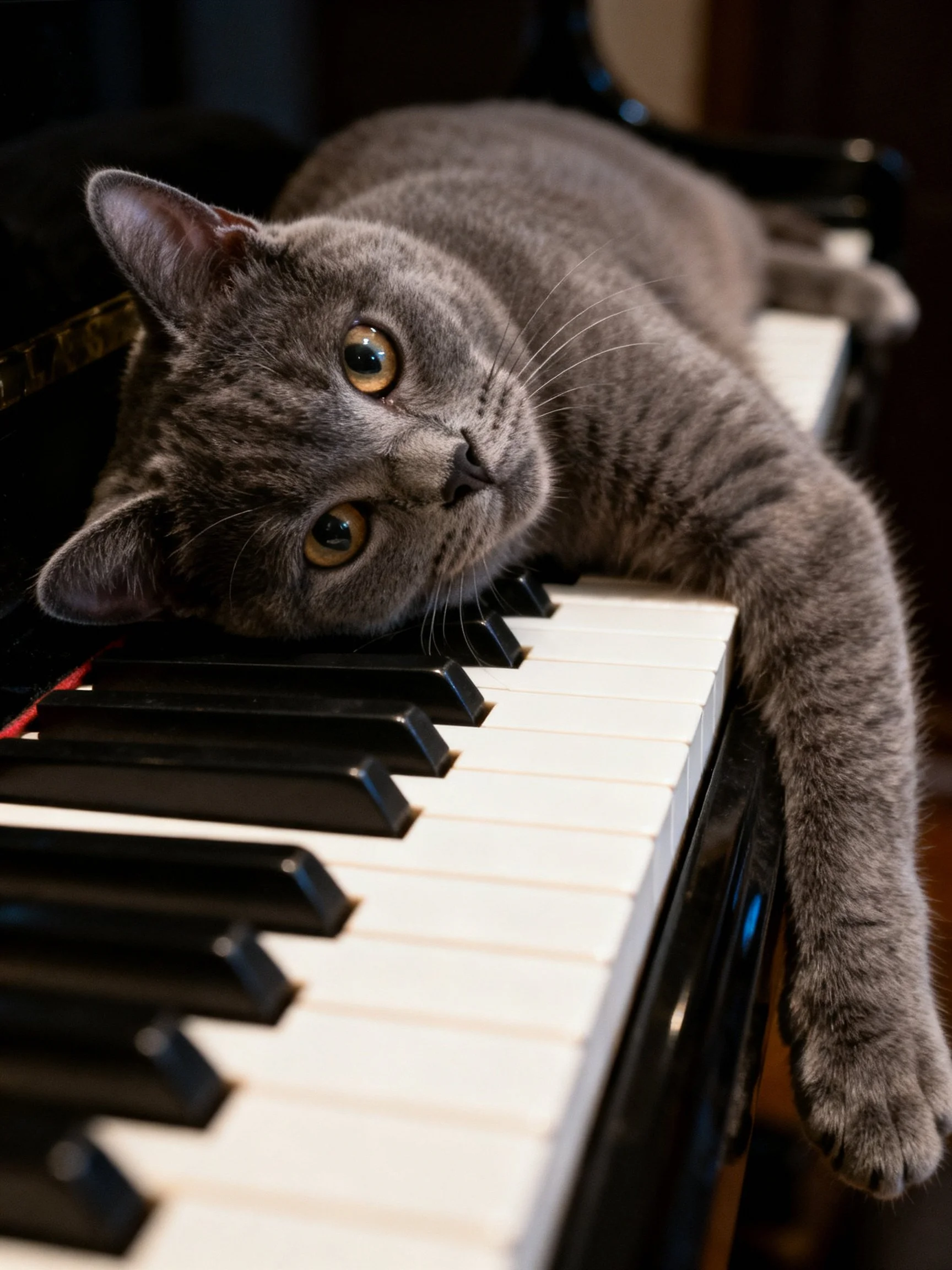 A gray cat lounges on black-and-white piano keys