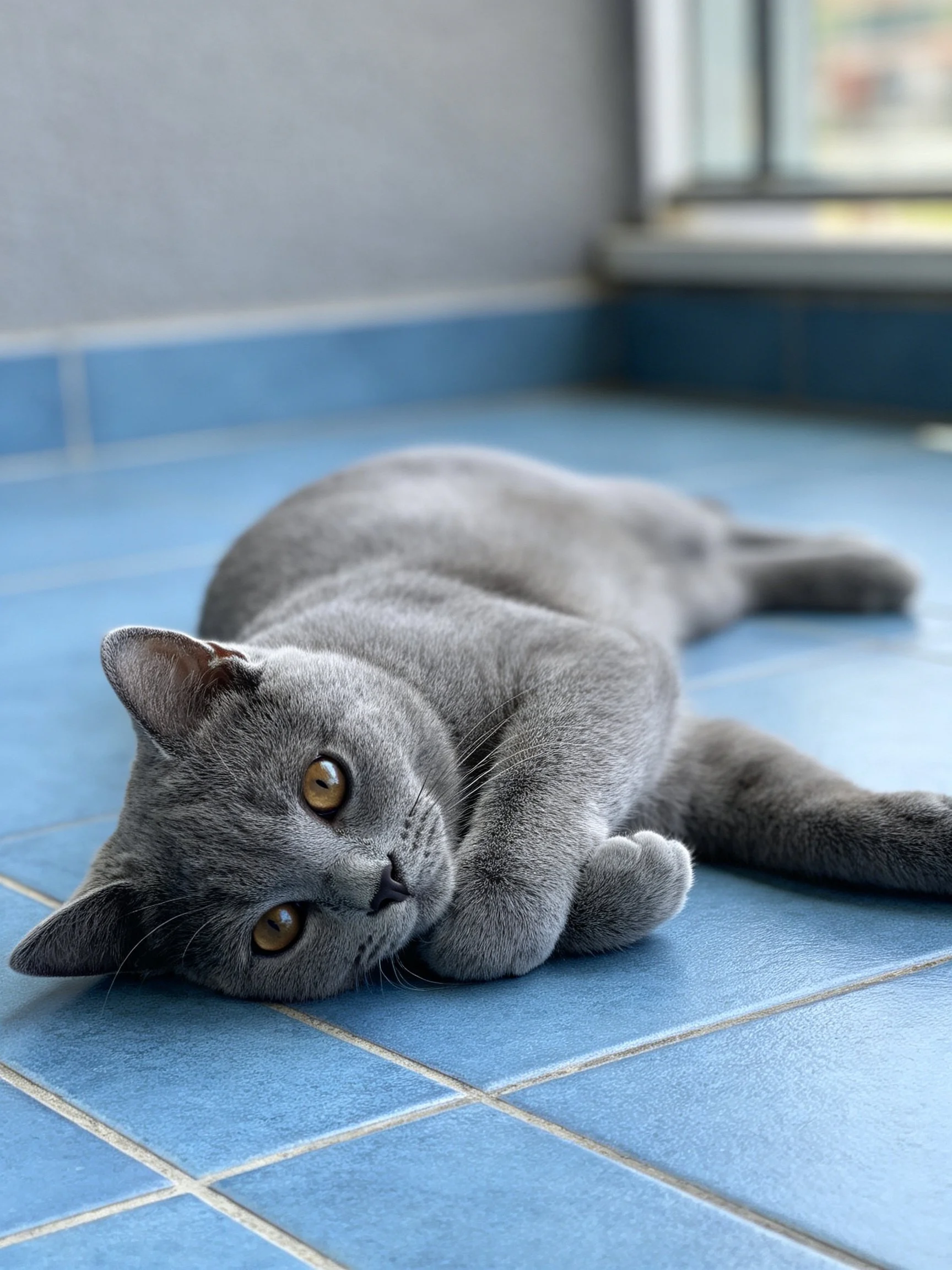 A gray cat lounges on blue tiled flooring near a window
