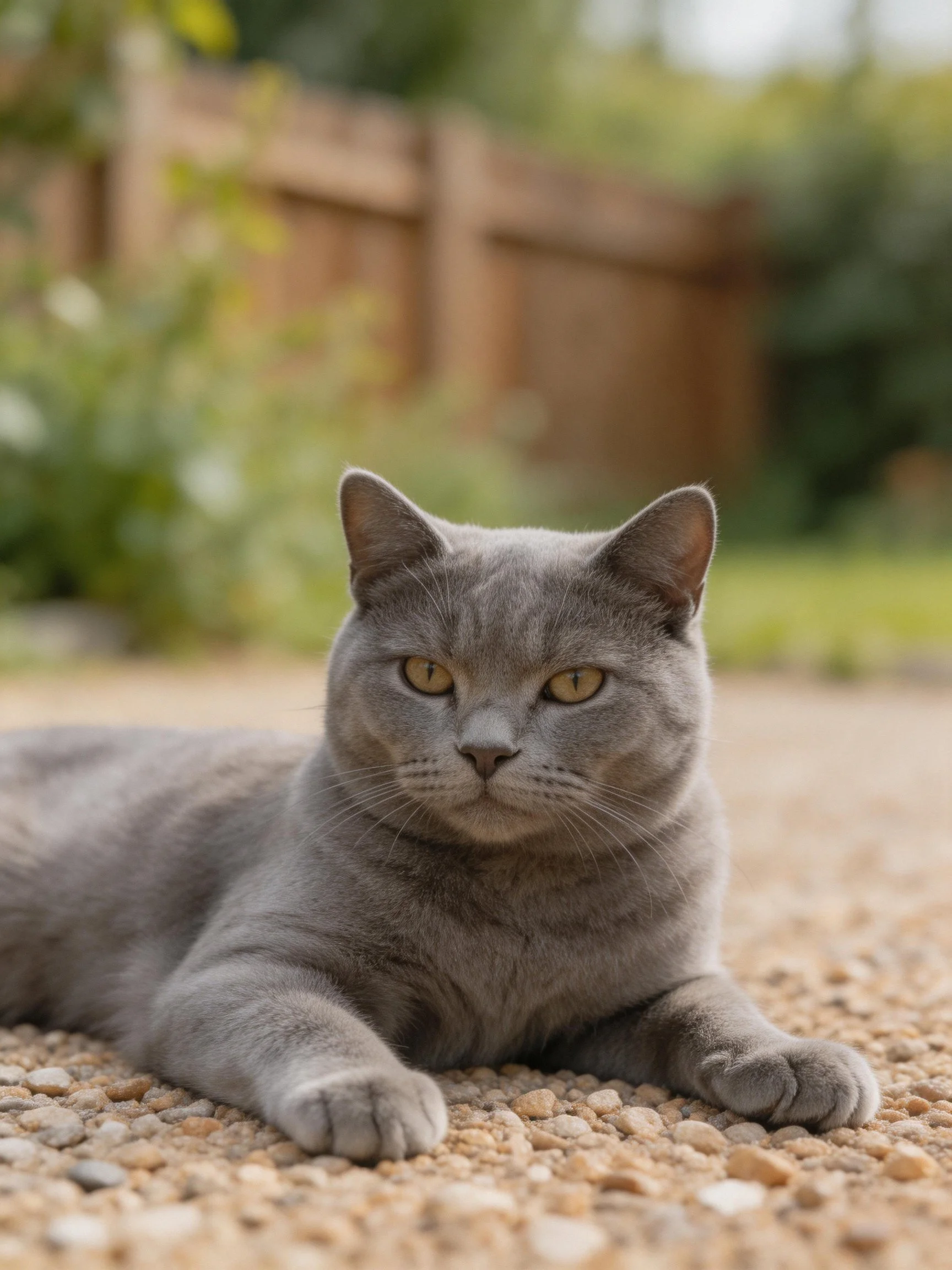A gray cat lounges on gravel near a wooden fence