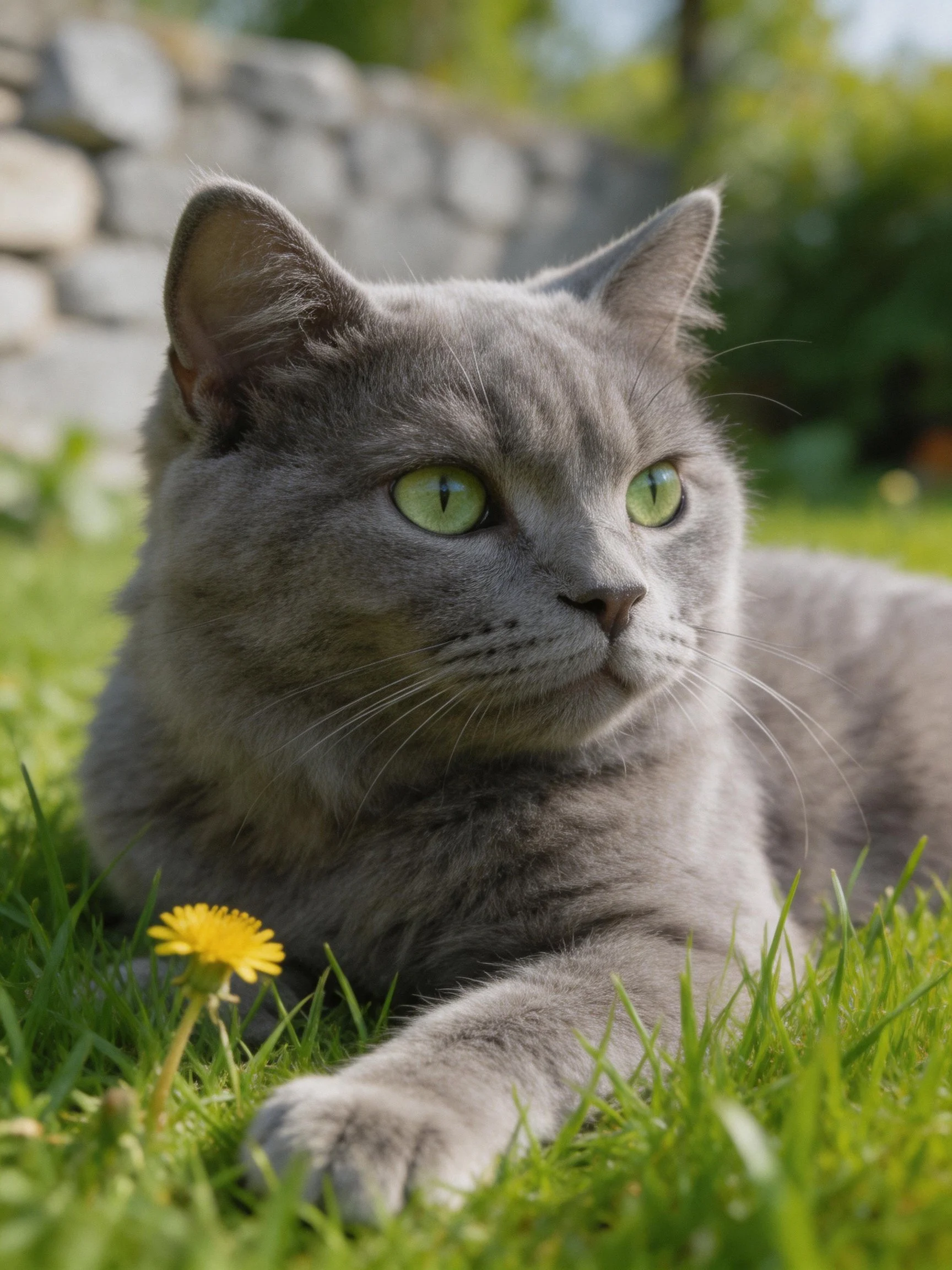 A gray cat relaxes on grass beside a yellow flower in an outdoor area.