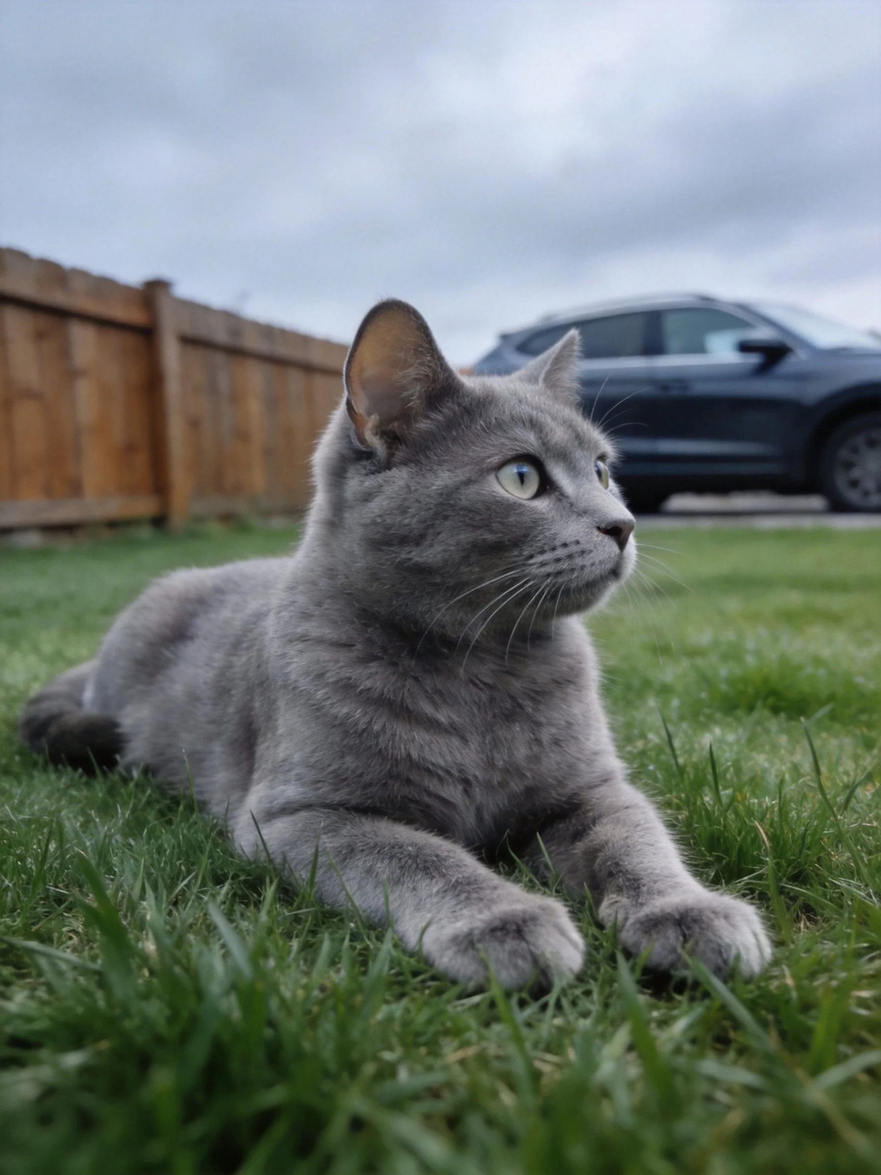 A gray cat rests on grass with a wooden fence and car in the background.