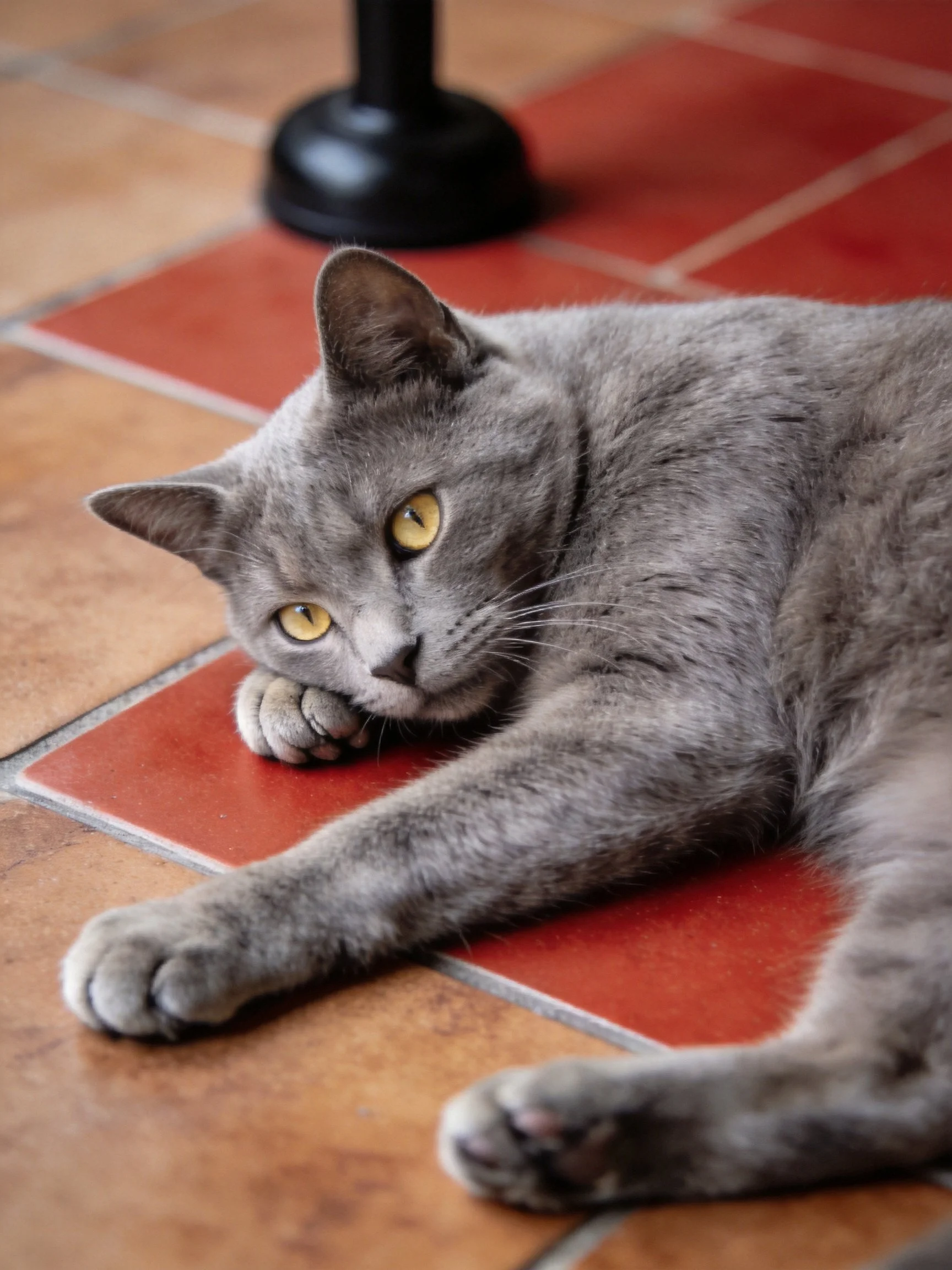 A gray cat lounges on red and brown tiled flooring near a black stand