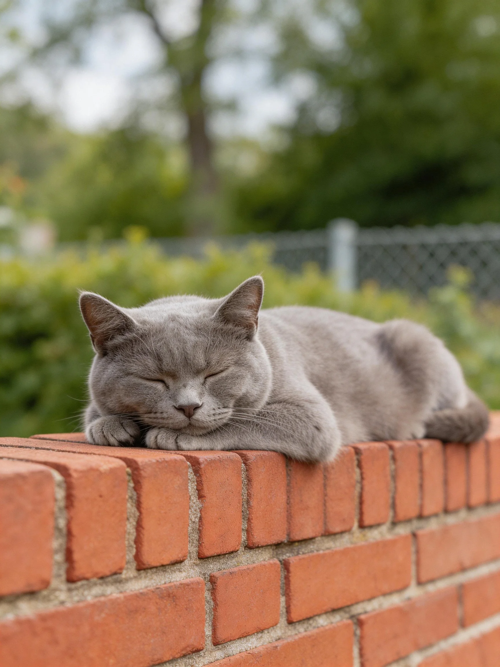 A gray cat napping on a red brick wall outdoors