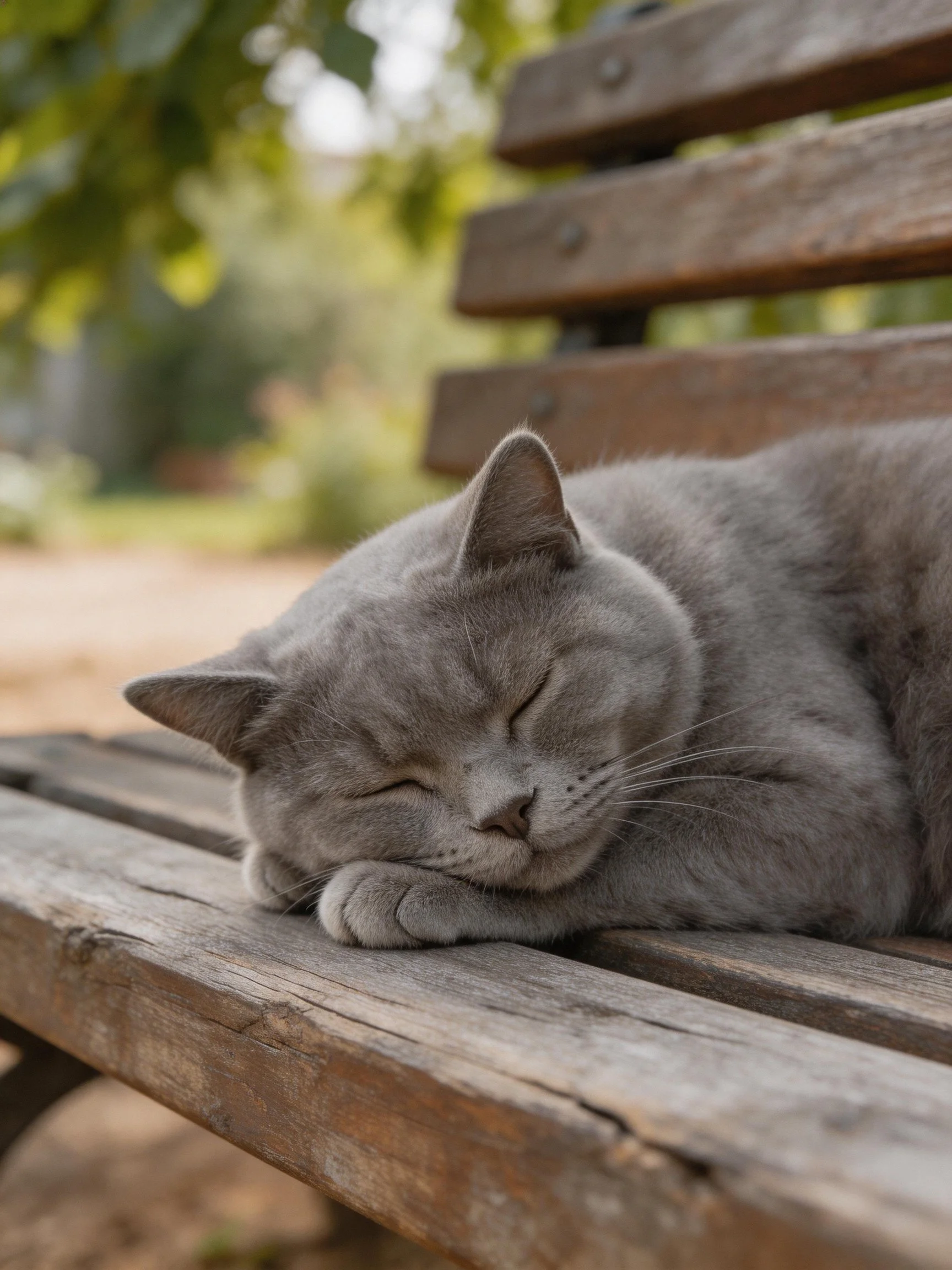 A gray cat napping on an aged wooden park bench