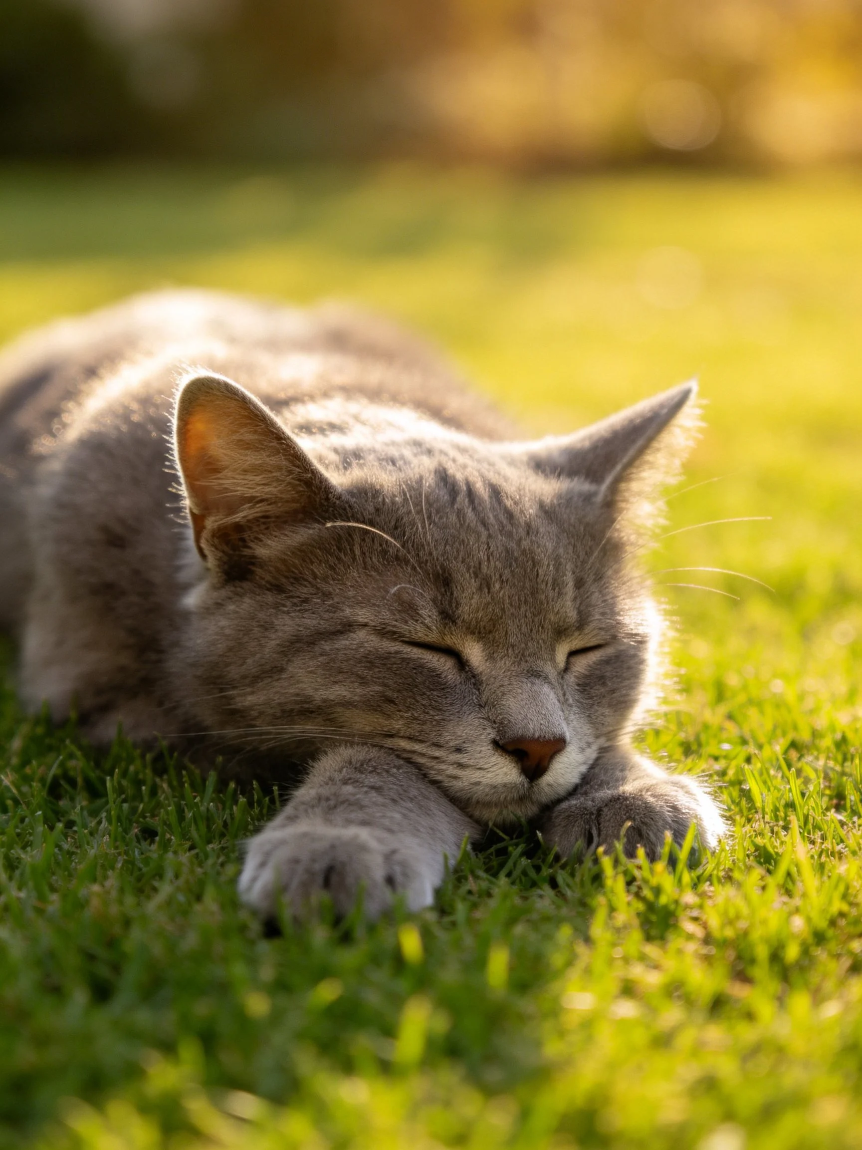 A gray cat napping on lush green grass in golden sunlight