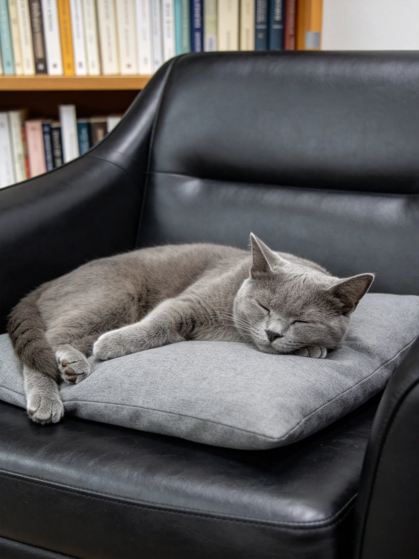 A gray cat naps on a gray pillow in a black leather chair beside bookshelves