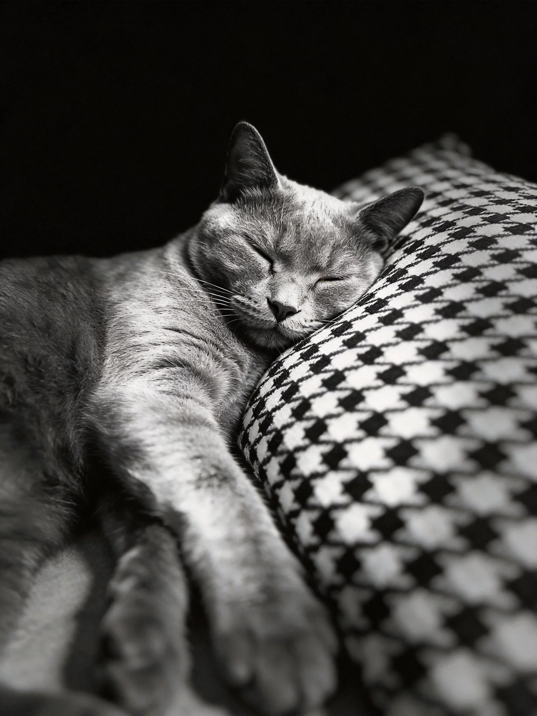 A gray cat naps on a houndstooth-patterned pillow