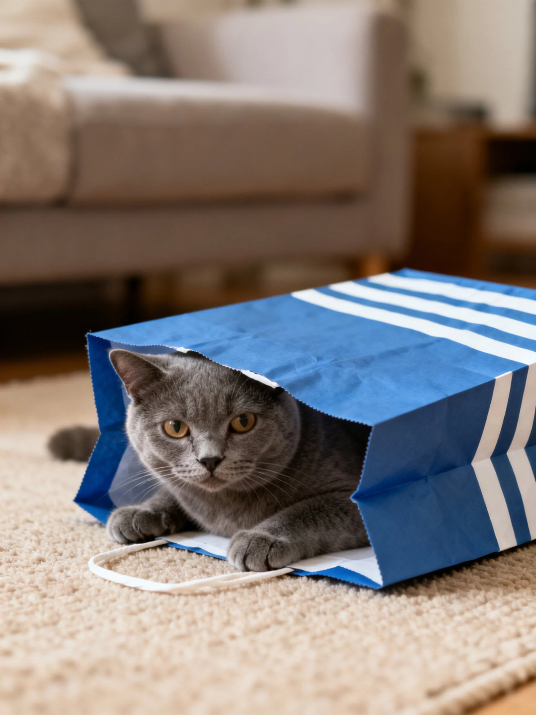 A gray cat rests inside a blue striped bag in a cozy living room.