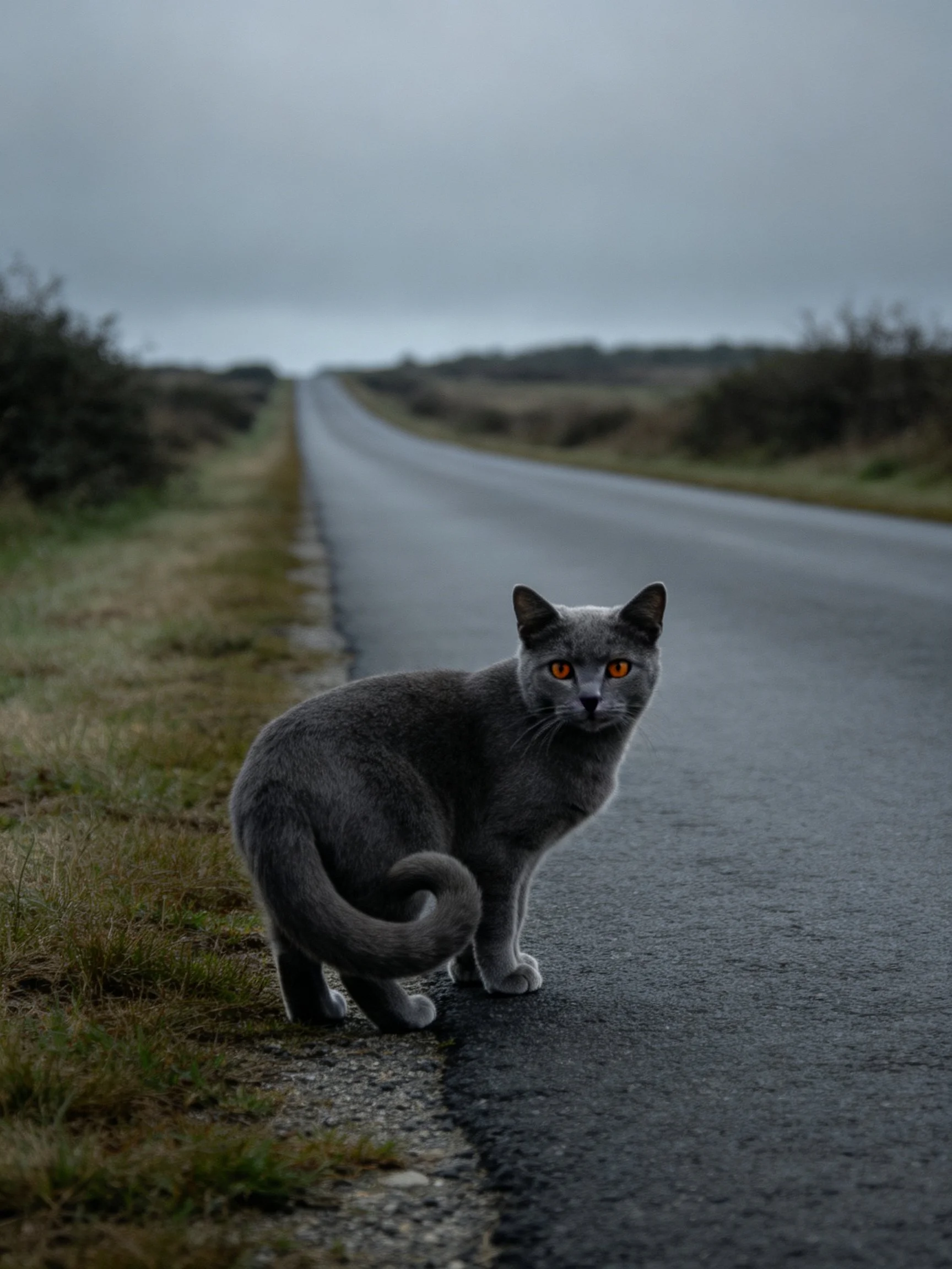 A gray cat pauses on a wet country road under overcast conditions