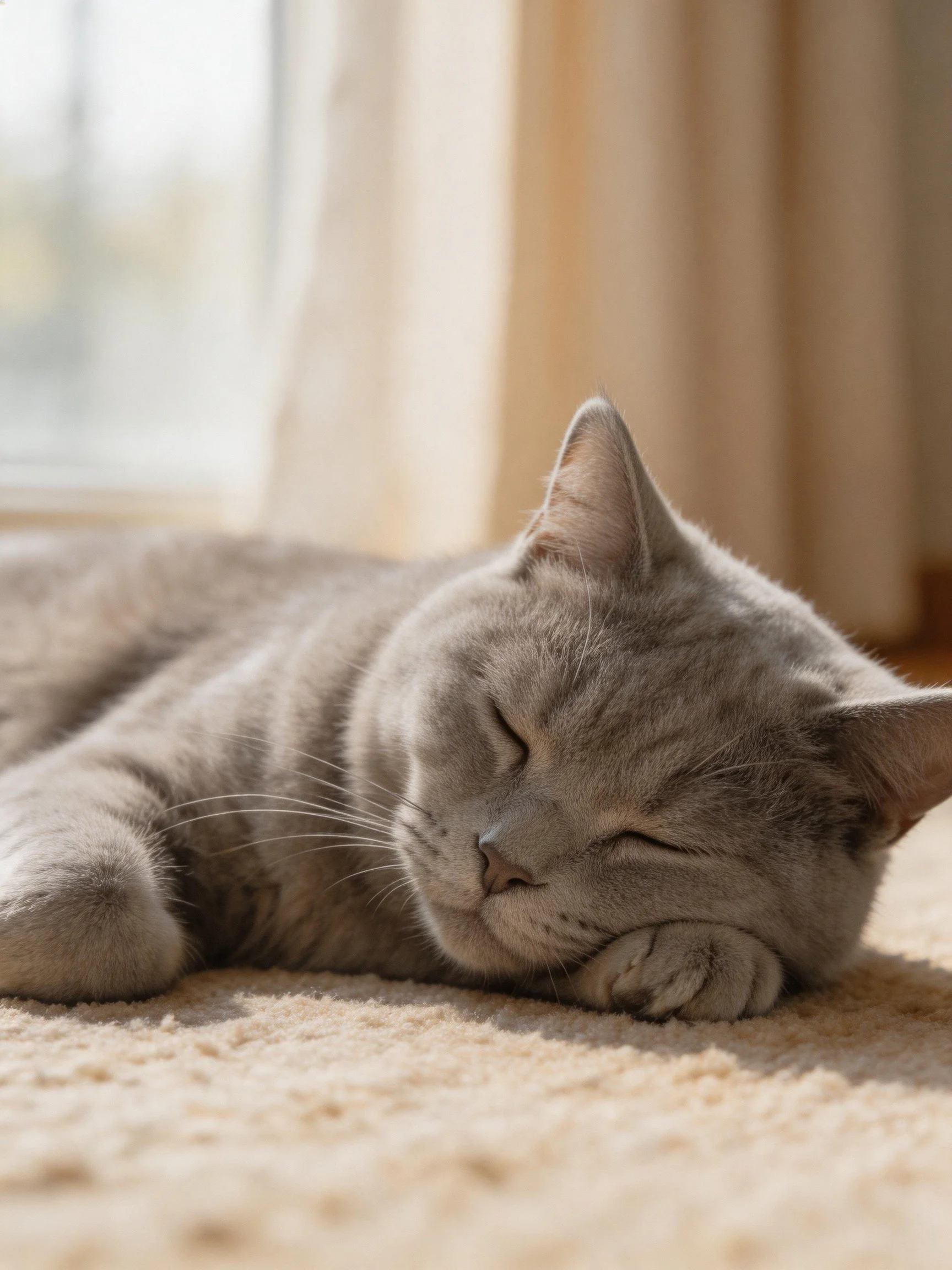 A gray cat peacefully sleeps on a plush carpet near a window
