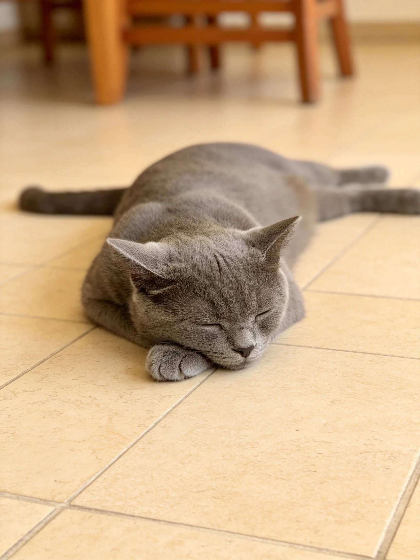 A gray cat peacefully sleeps on a tiled floor near wooden furniture