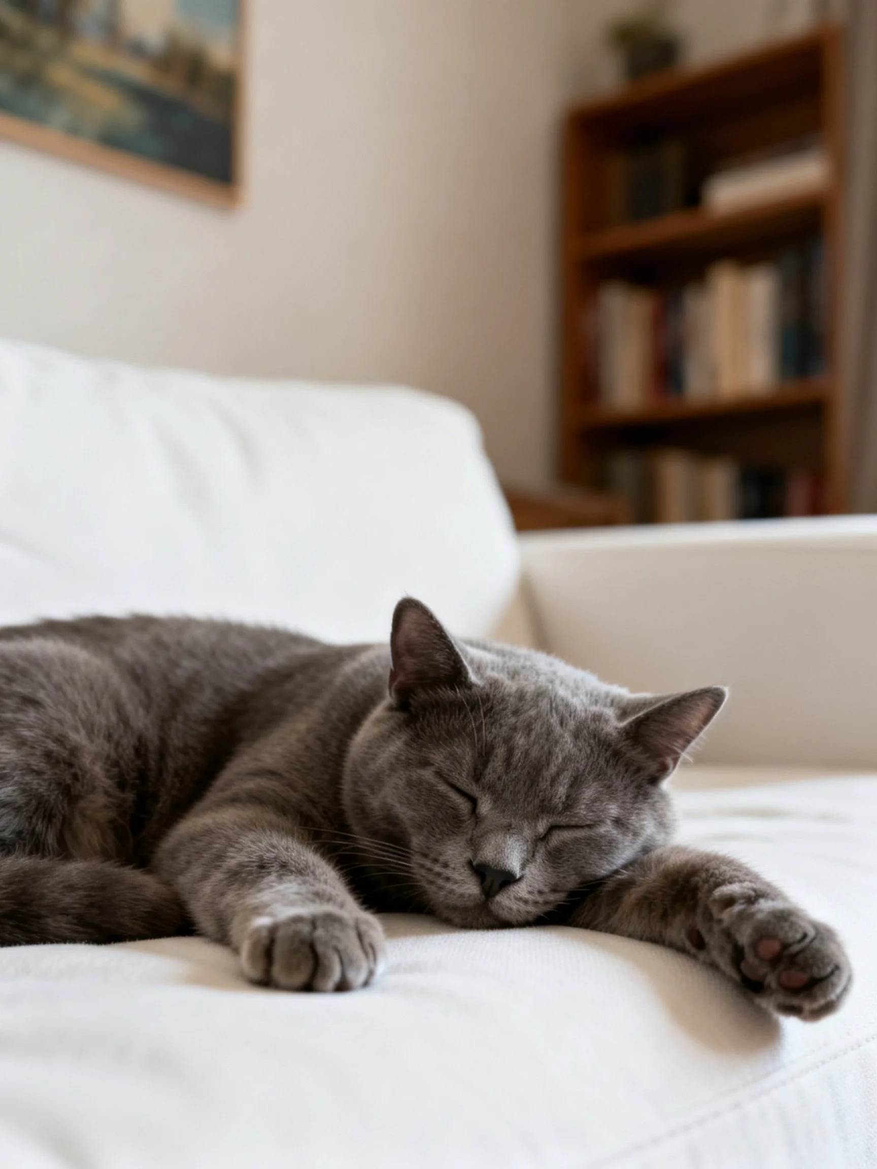 A gray cat peacefully sleeps on a white couch beside a wooden bookshelf