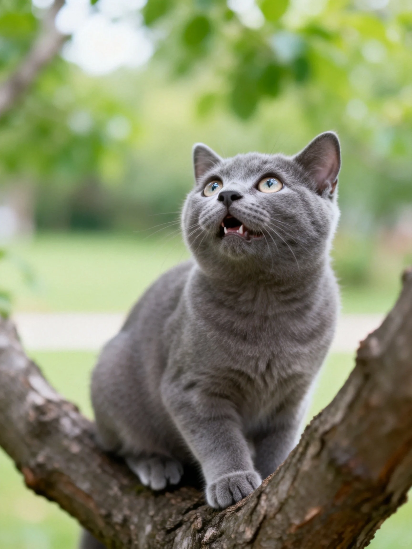 A gray cat perched on a tree branch amid green foliage