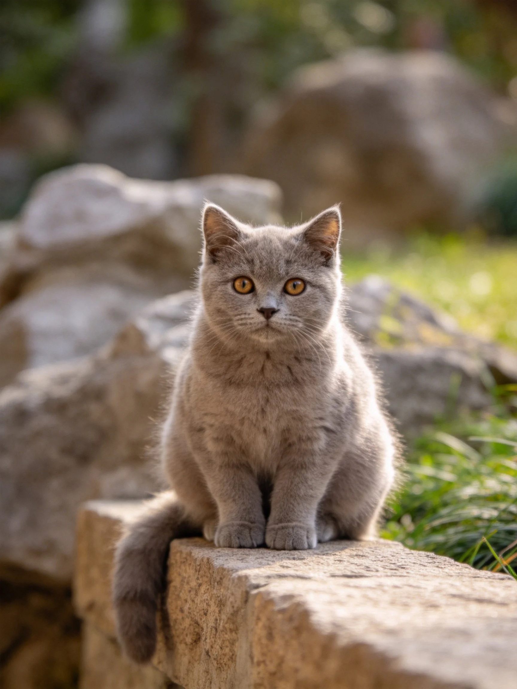 A gray cat perched on a weathered stone ledge outdoors