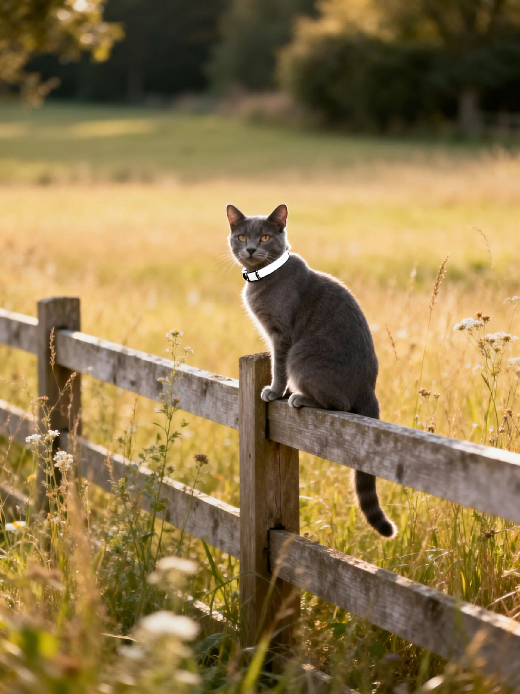 A gray cat sits atop a wooden fence in a sunlit, grassy field.