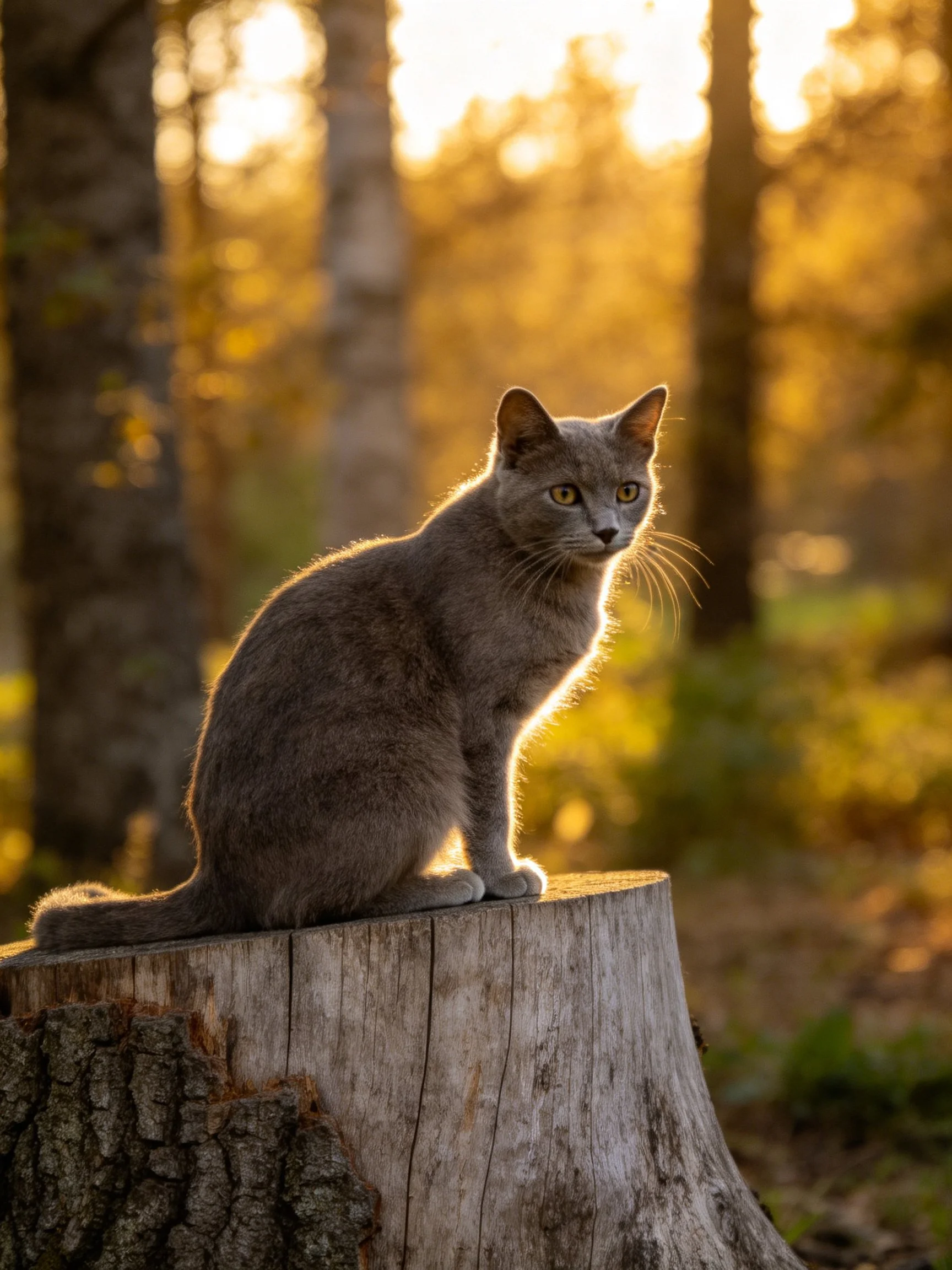 A gray cat perches on a weathered tree stump in a sunlit forest