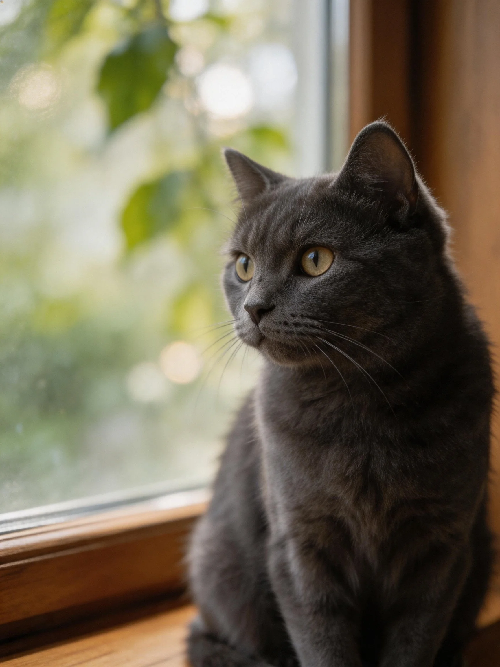 A gray cat perches on a wooden windowsill by a glass pane