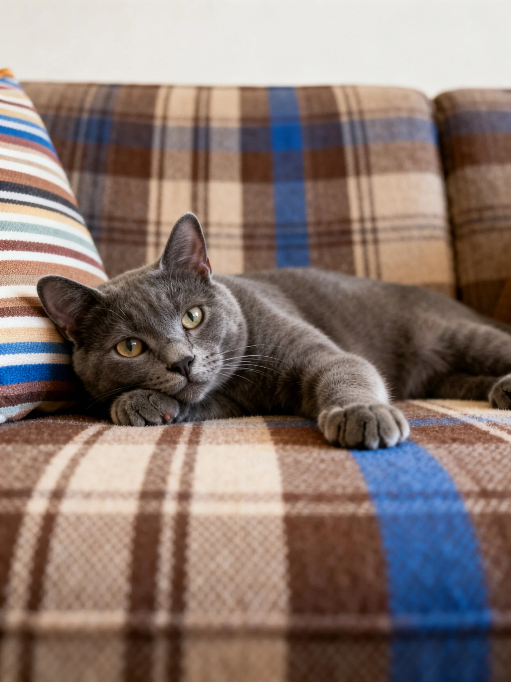 A gray cat reclines on a brown-blue plaid sofa with striped cushions