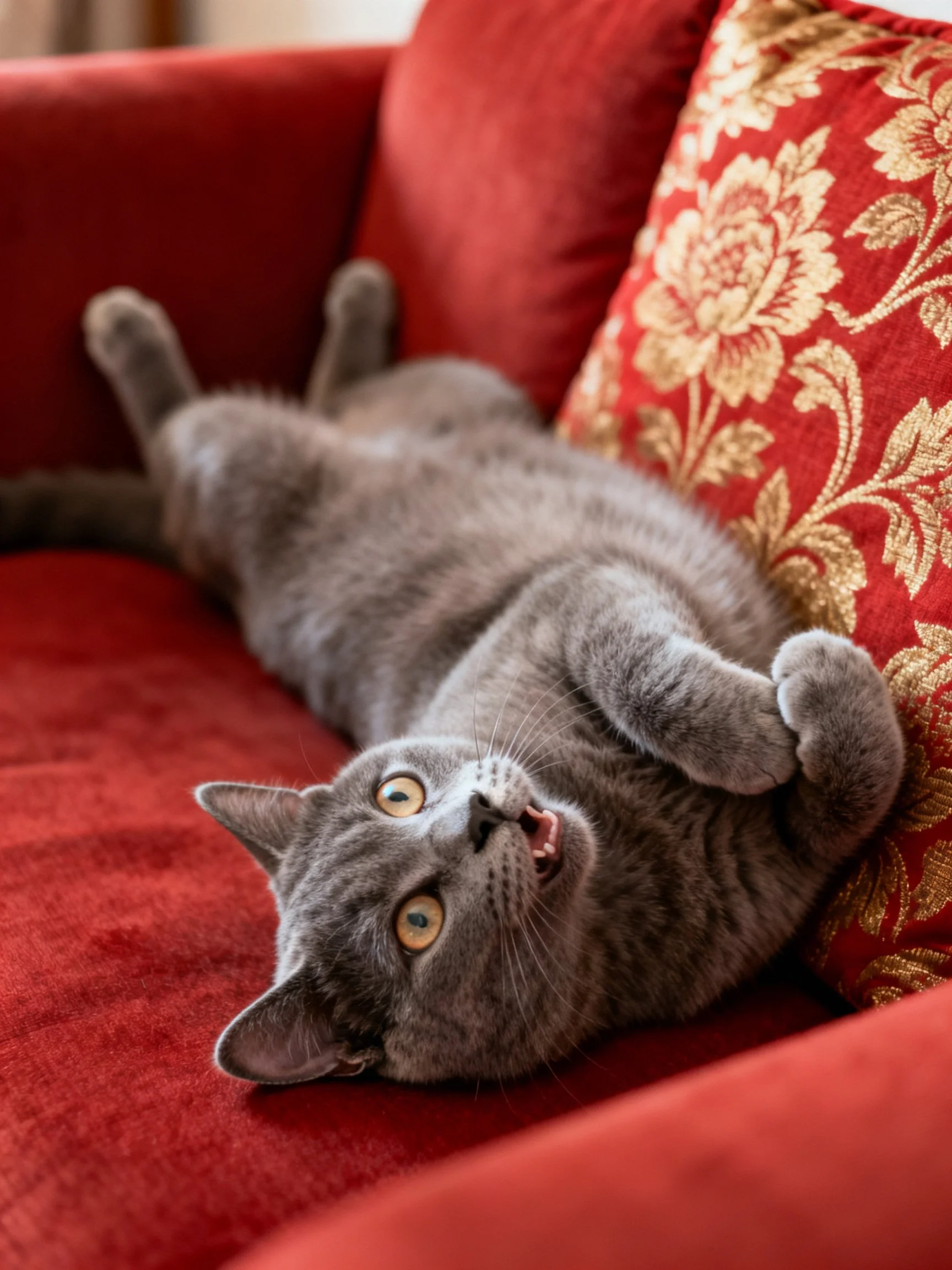 A gray cat reclines on a red velvet sofa with a floral cushion