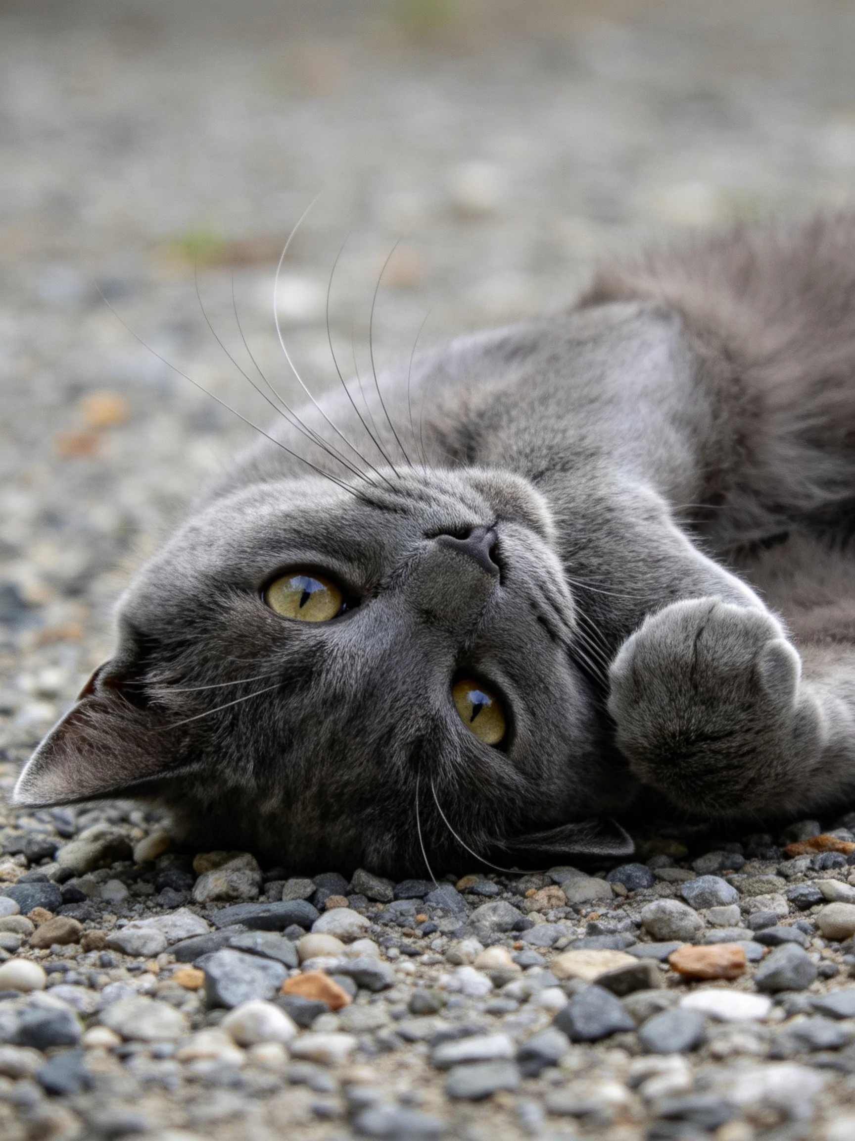 A gray cat reclines on pebbles, eyes bright, outdoors