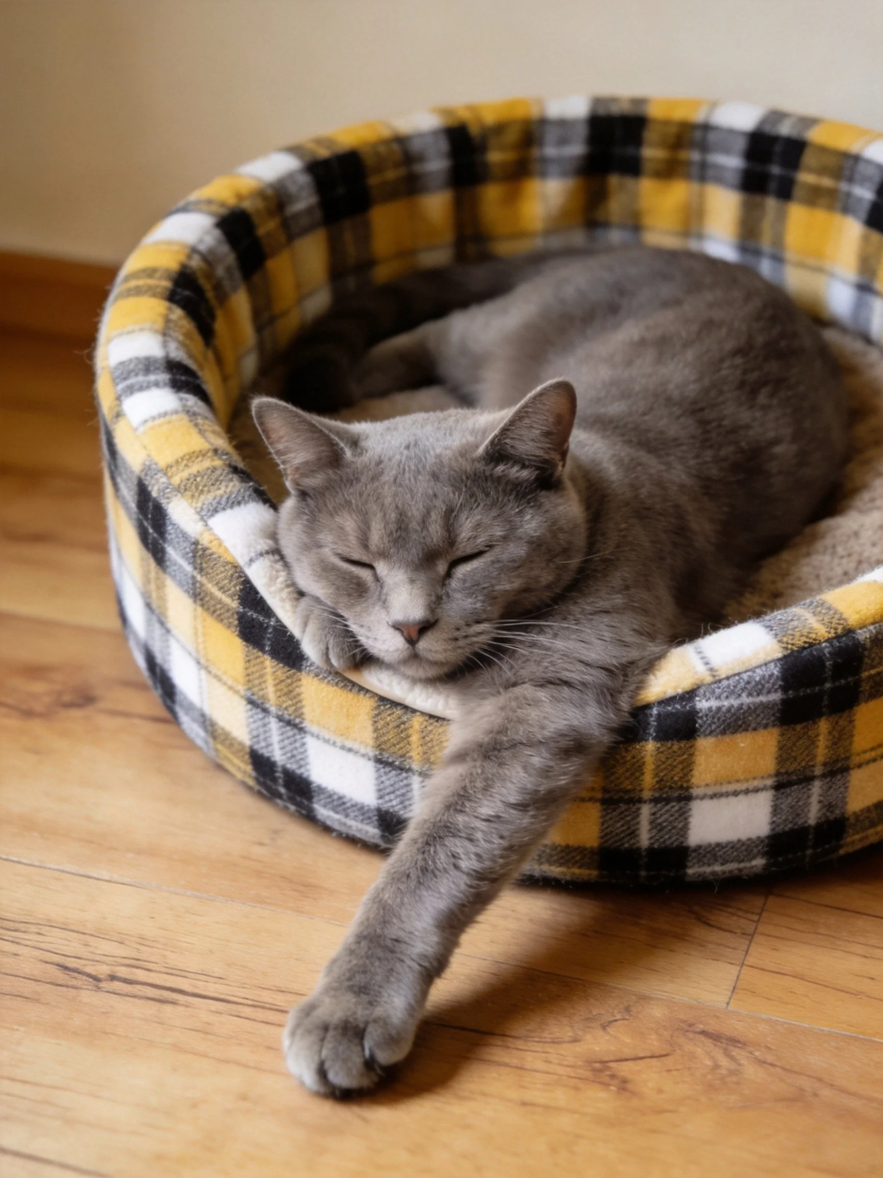 A gray cat rests peacefully in a plaid pet bed.