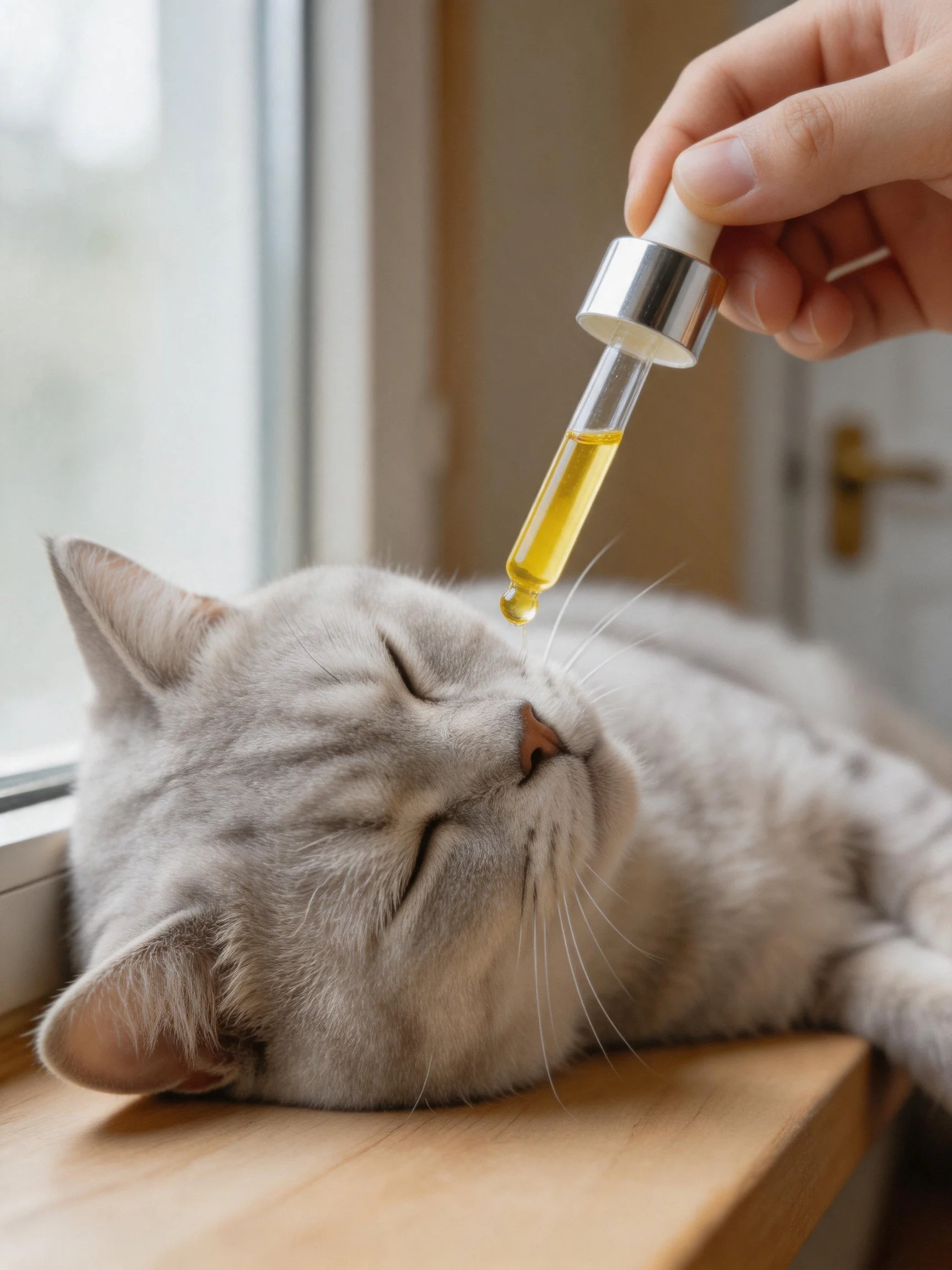 A gray cat relaxes near a window with a dropper of golden liquid