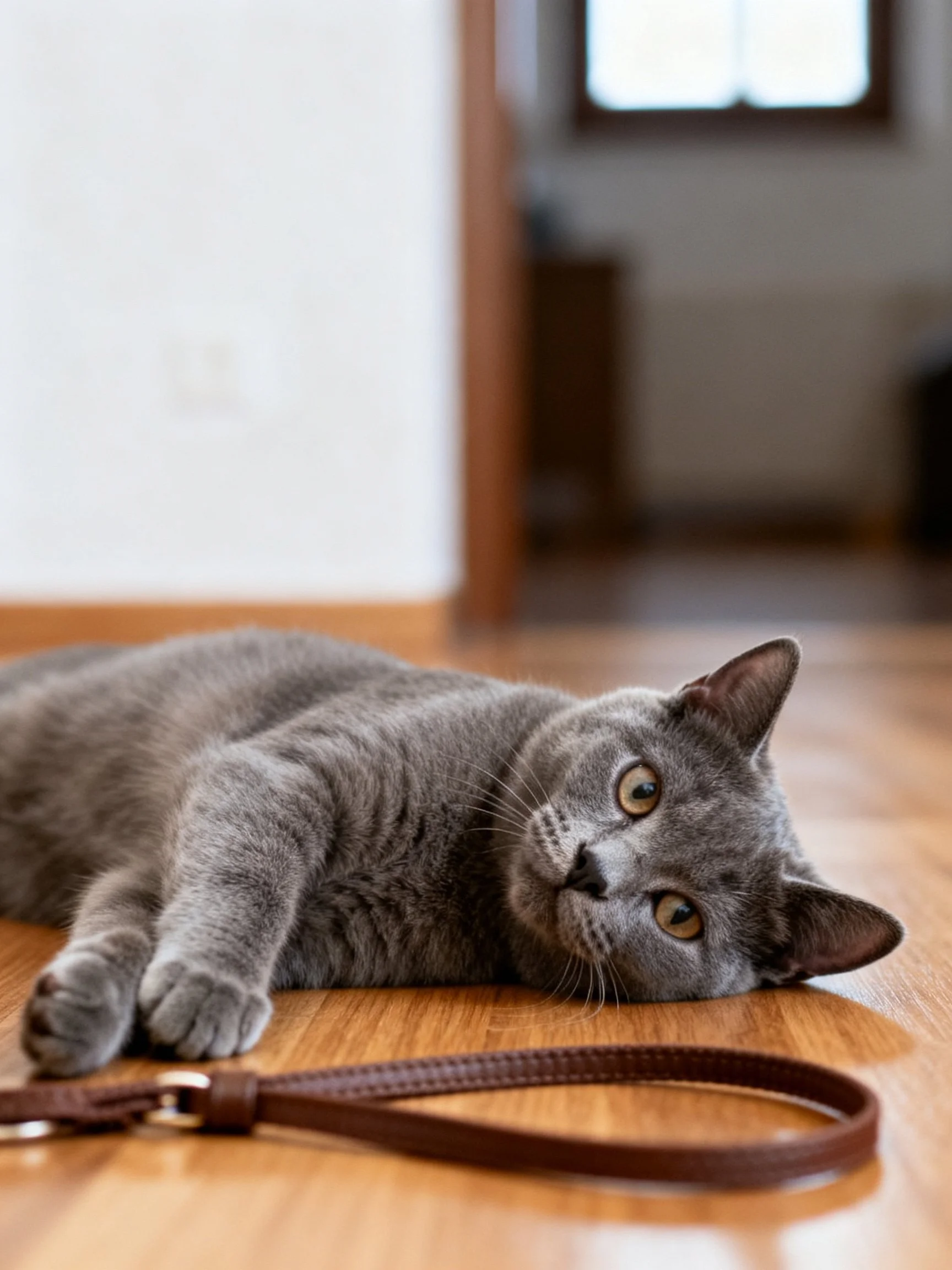A gray cat relaxes on a polished wooden floor beside a brown leash