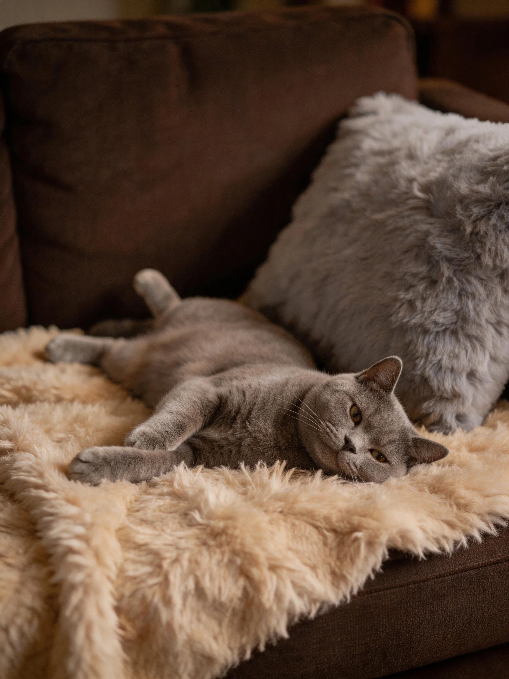 A gray cat relaxes on a soft beige blanket atop a brown couch