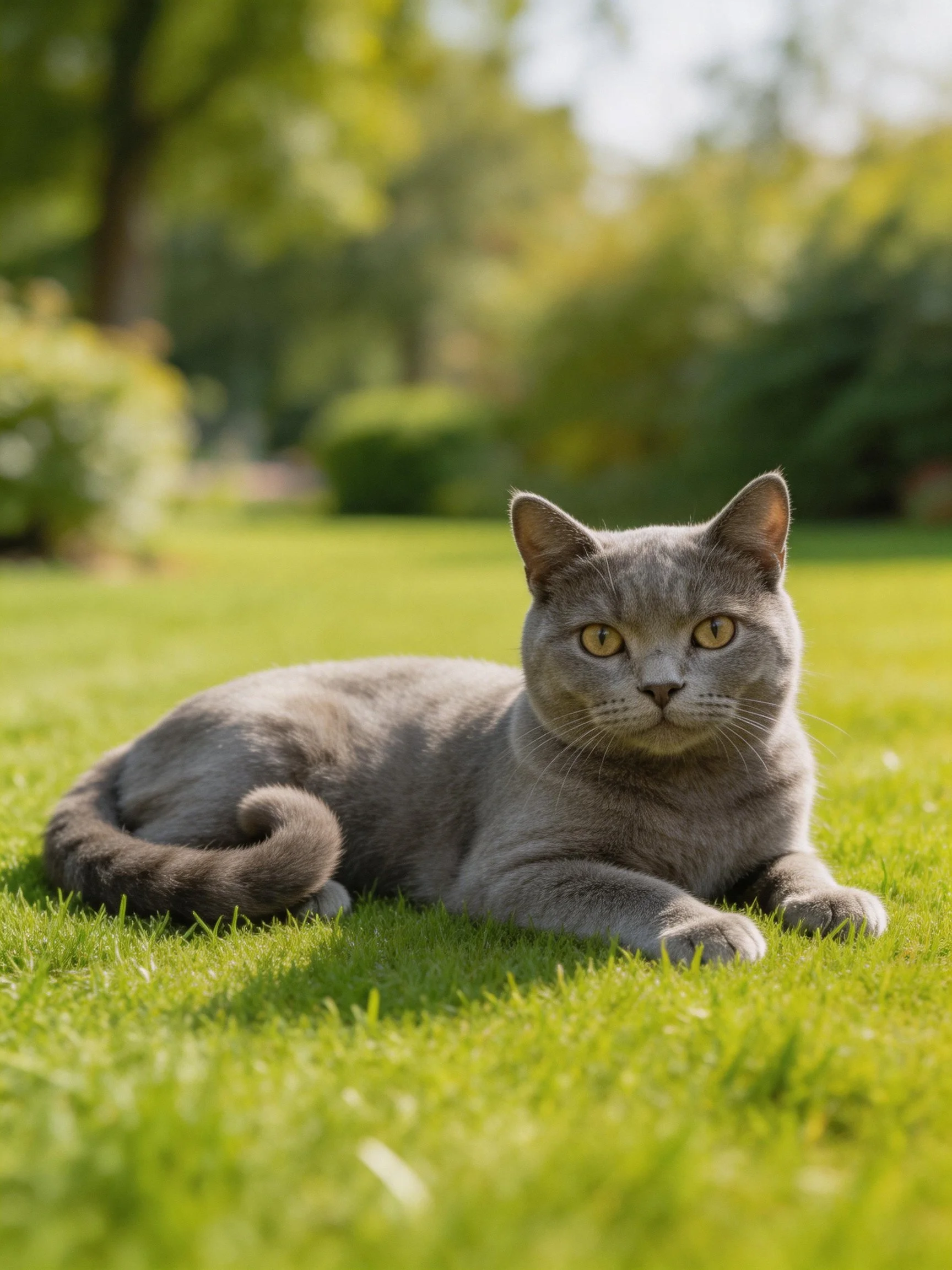 A gray cat relaxes on lush green grass in a sunlit outdoor setting.