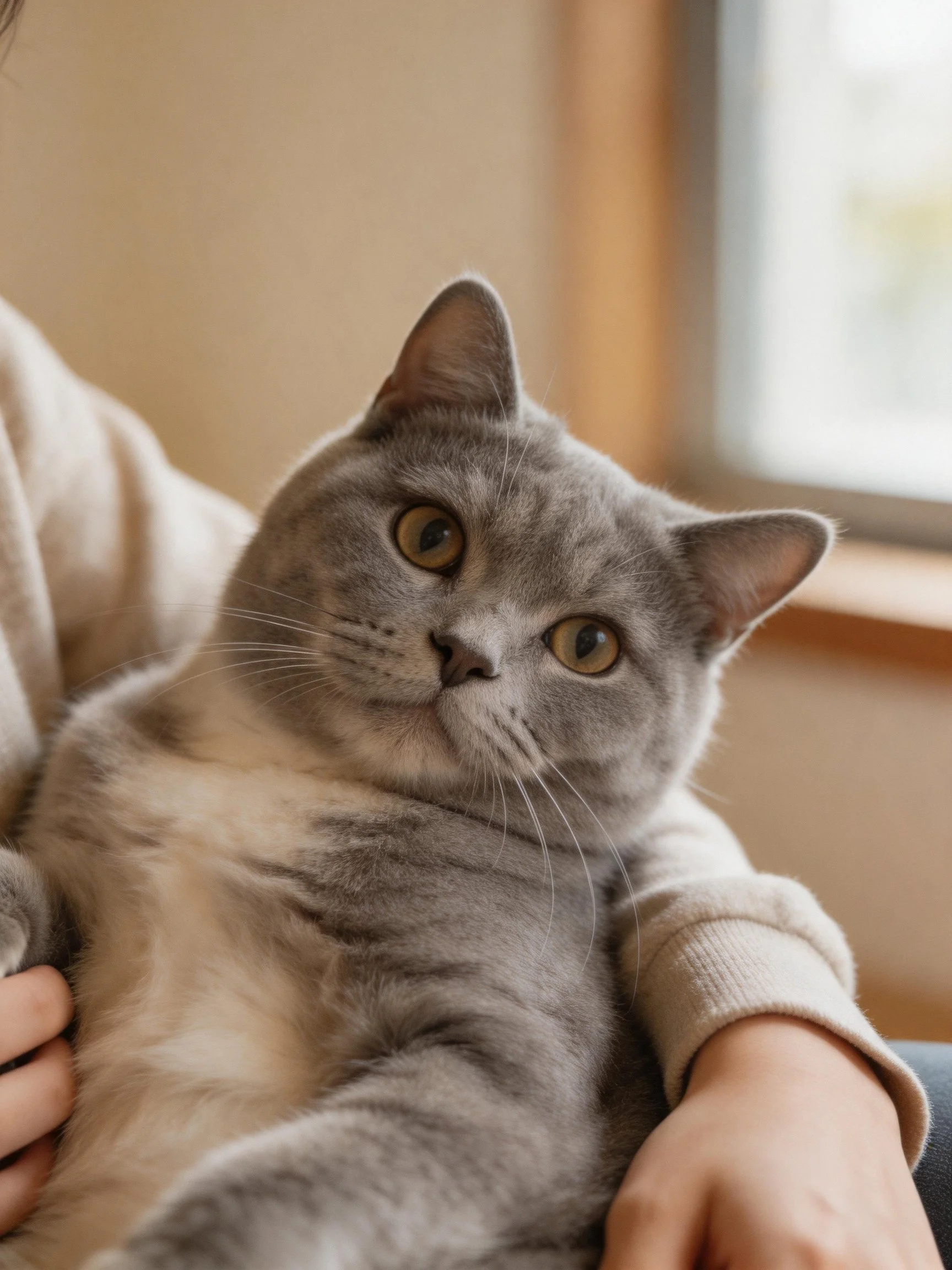 A gray cat relaxing in someone’s arms near a sunlit window