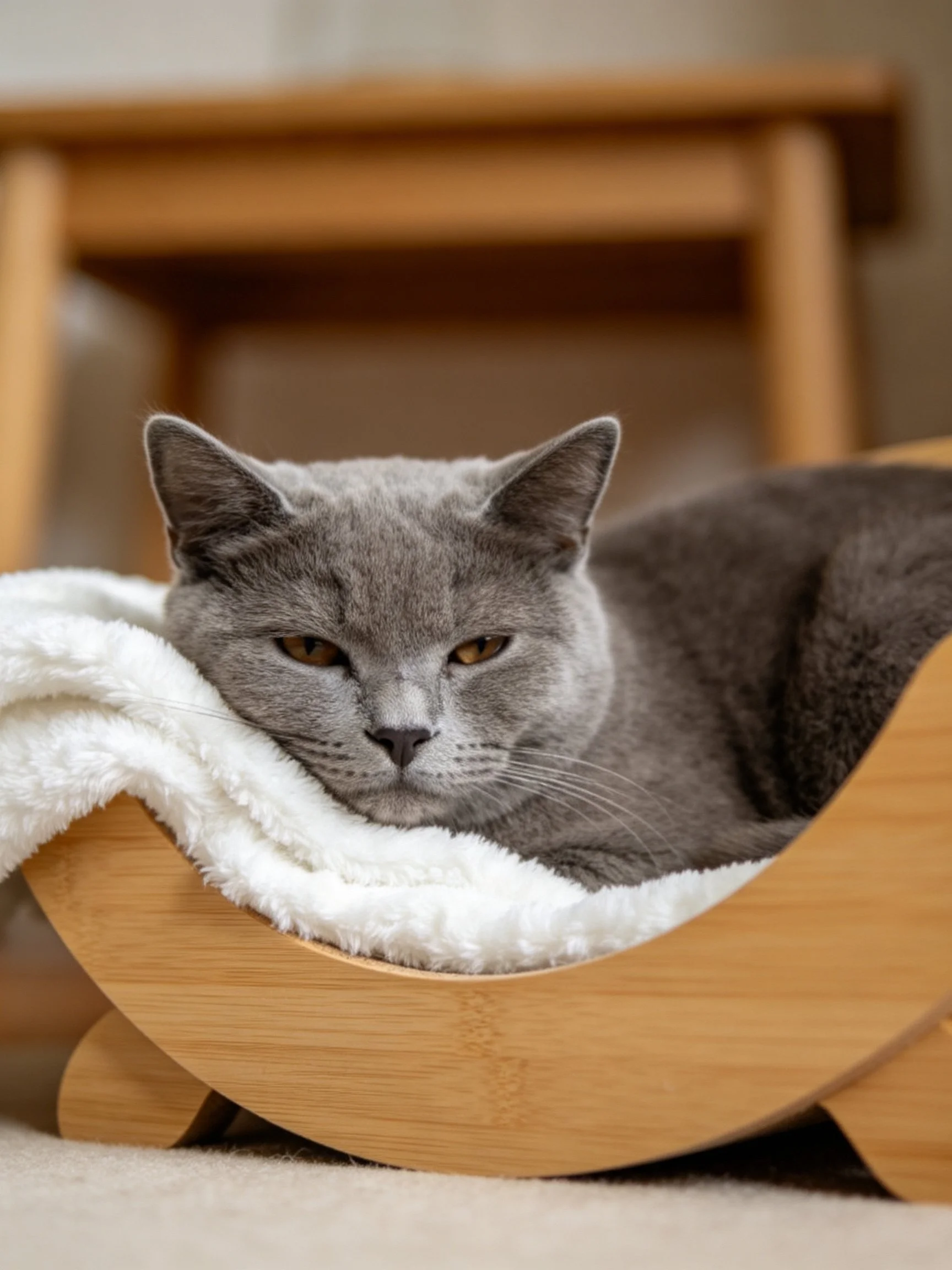 A gray cat resting in a bamboo pet bed with a white blanket