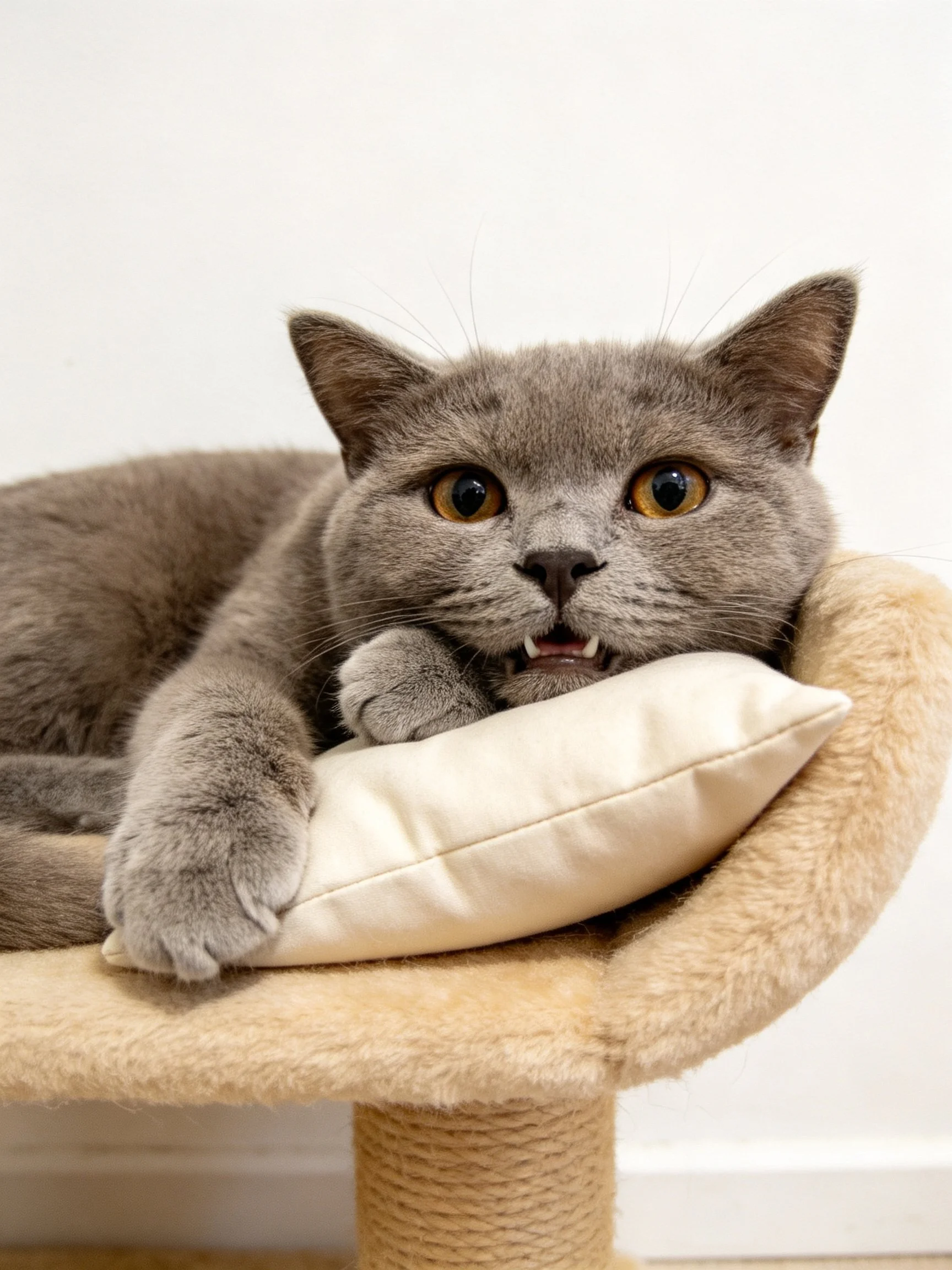 A gray cat resting on a beige pet bed with a cream pillow