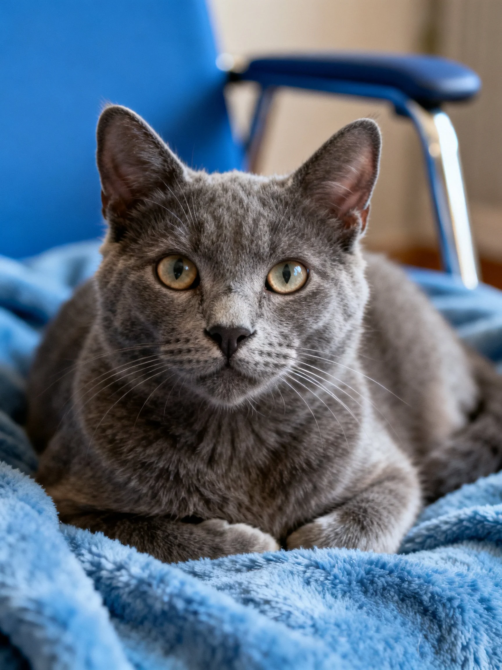 A gray cat resting on a blue blanket near a blue chair