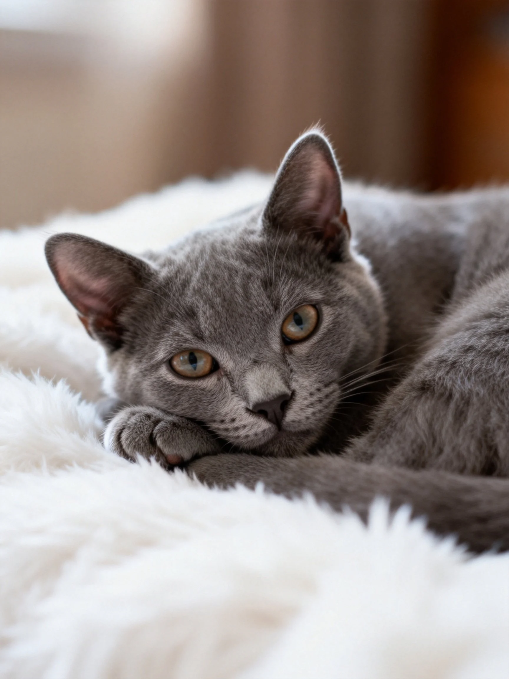 A gray cat relaxes on a plush white fabric.