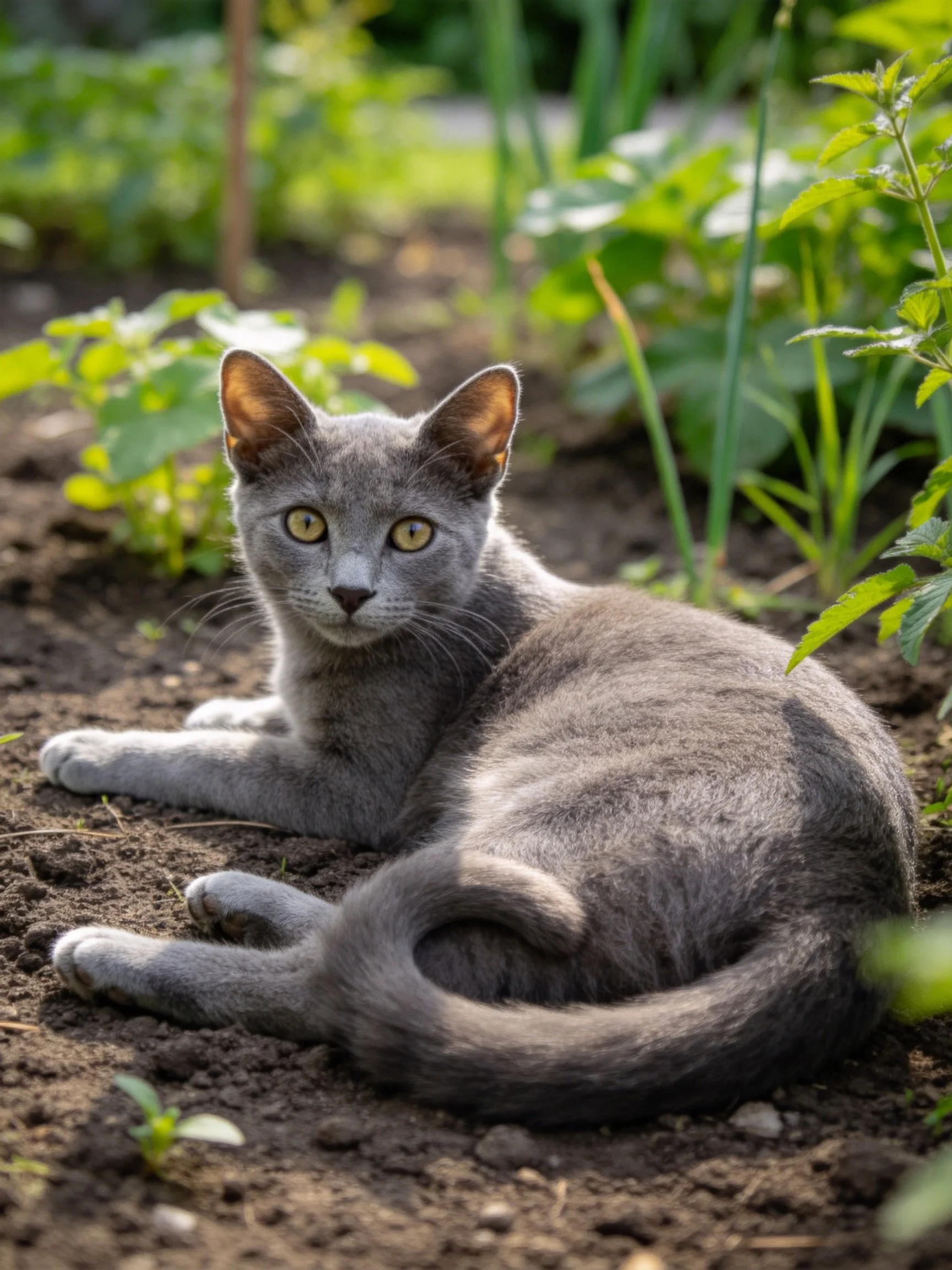 A gray cat relaxes on soil surrounded by greenery in a garden.