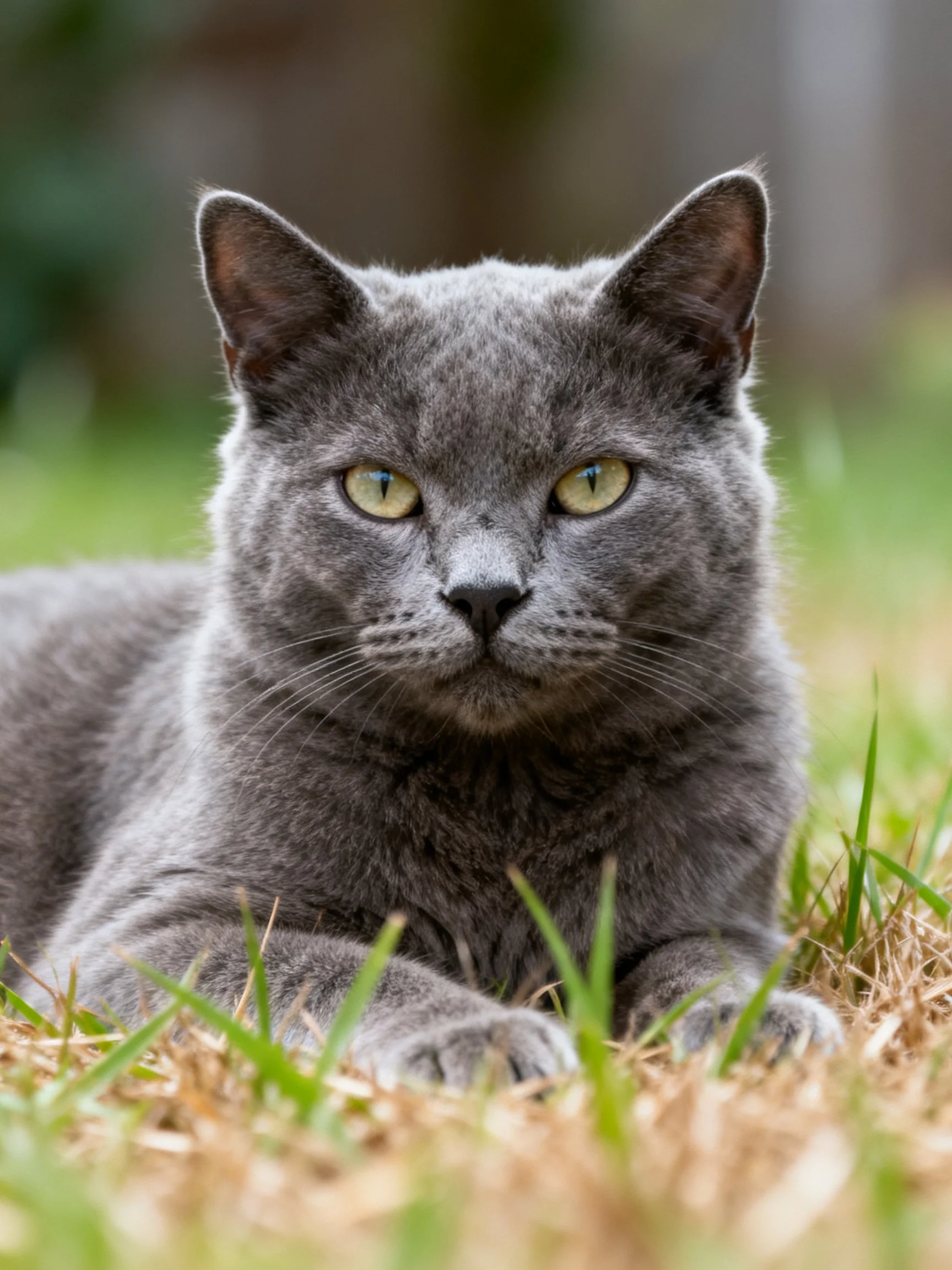 A gray cat rests calmly on a patch of mixed green and brown grass.