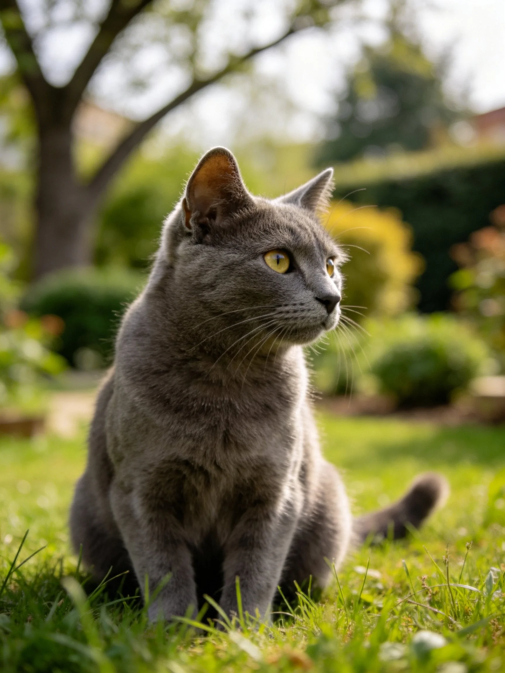 A gray cat sits calmly on grass in a sunlit garden.