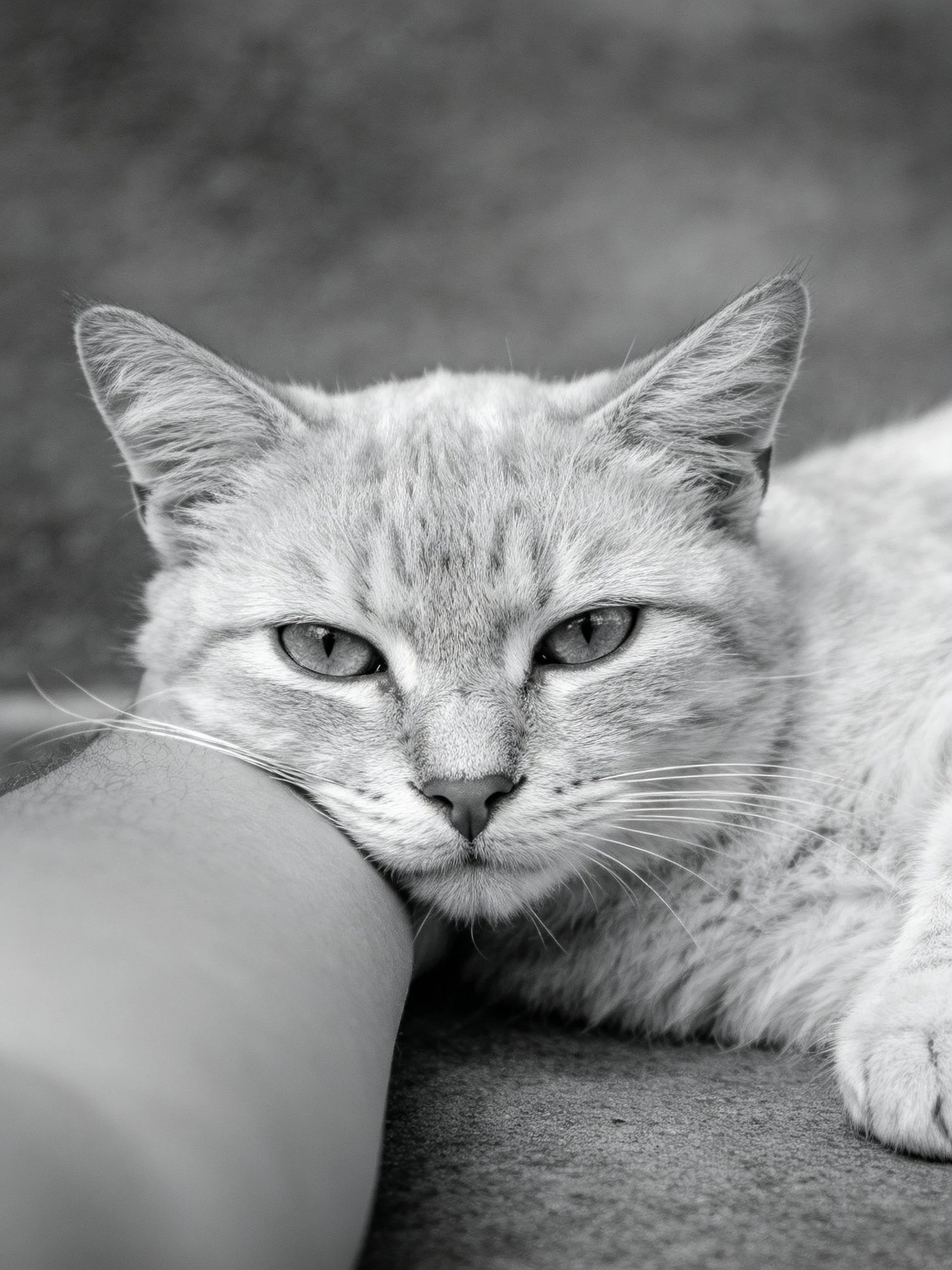 A gray cat rests against a human arm in black and white